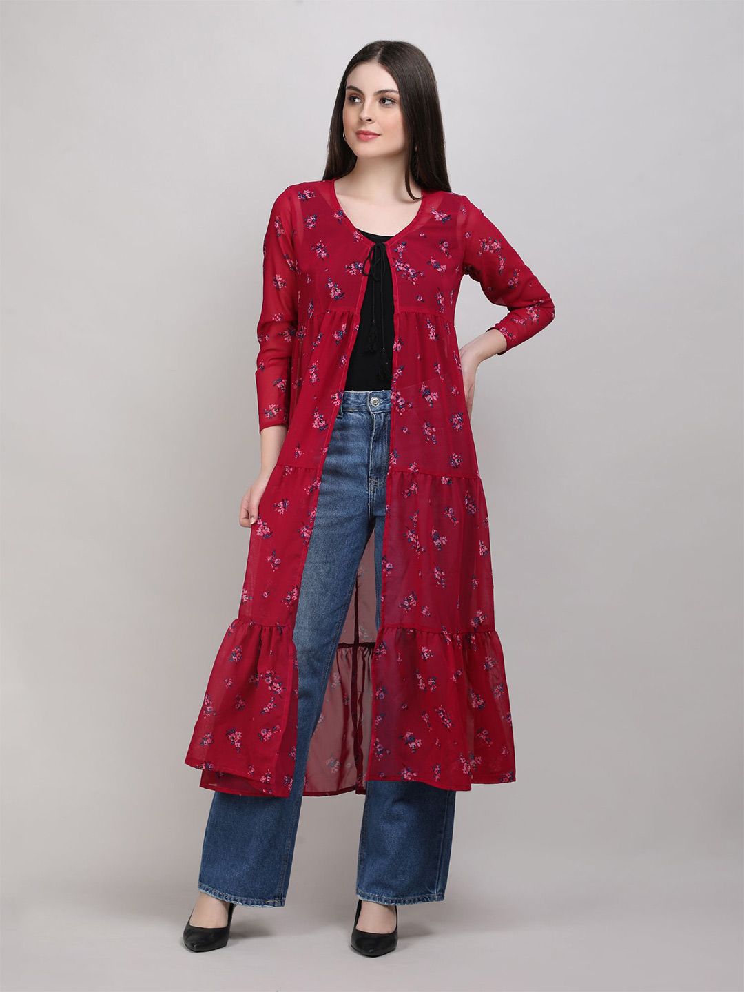 AB Collection Red & Black Floral Printed Longline Tie-Up Shrug