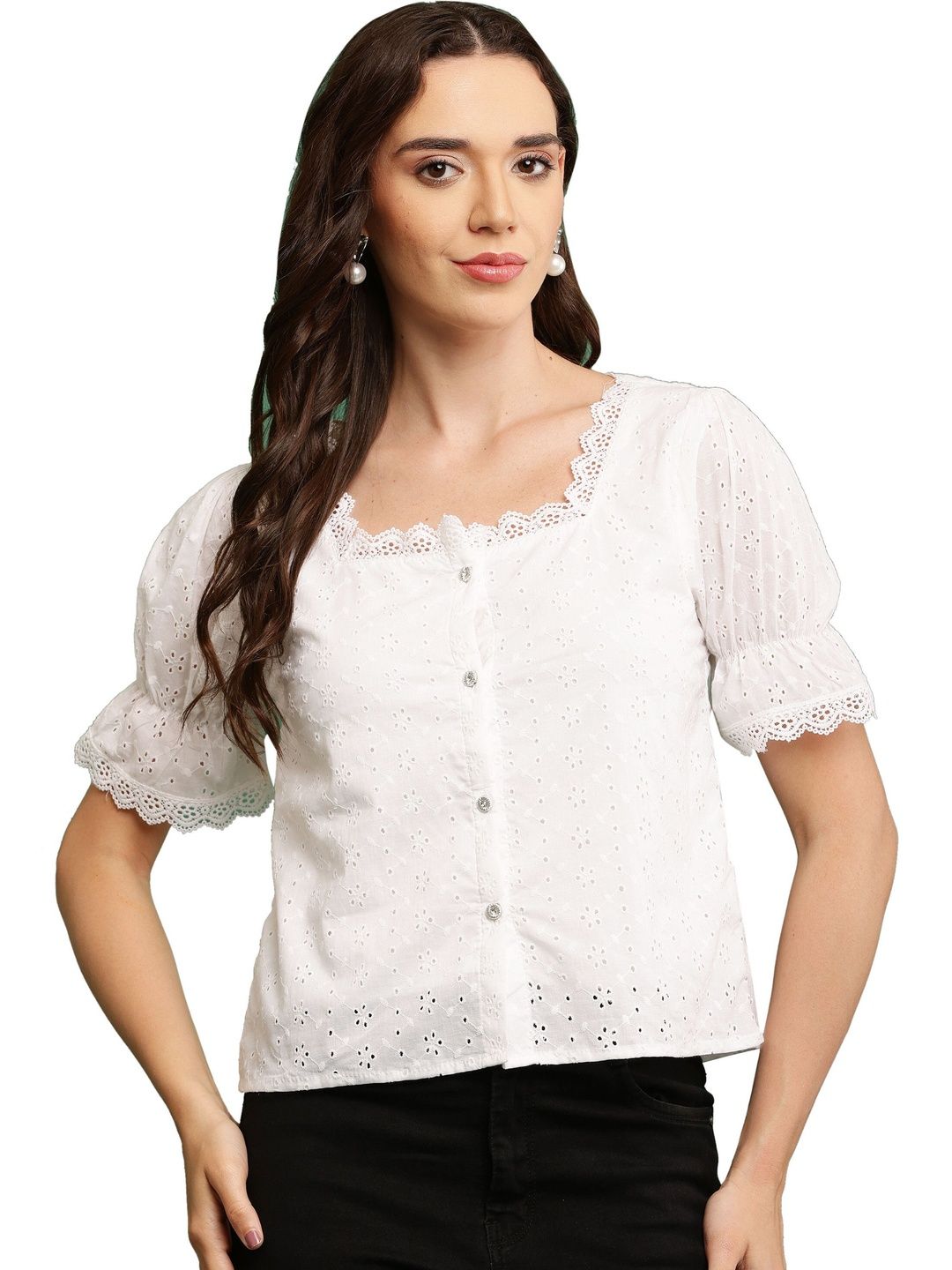 Absorbing Embellished Embroidered Puff Sleeve Crepe Top-picture-40