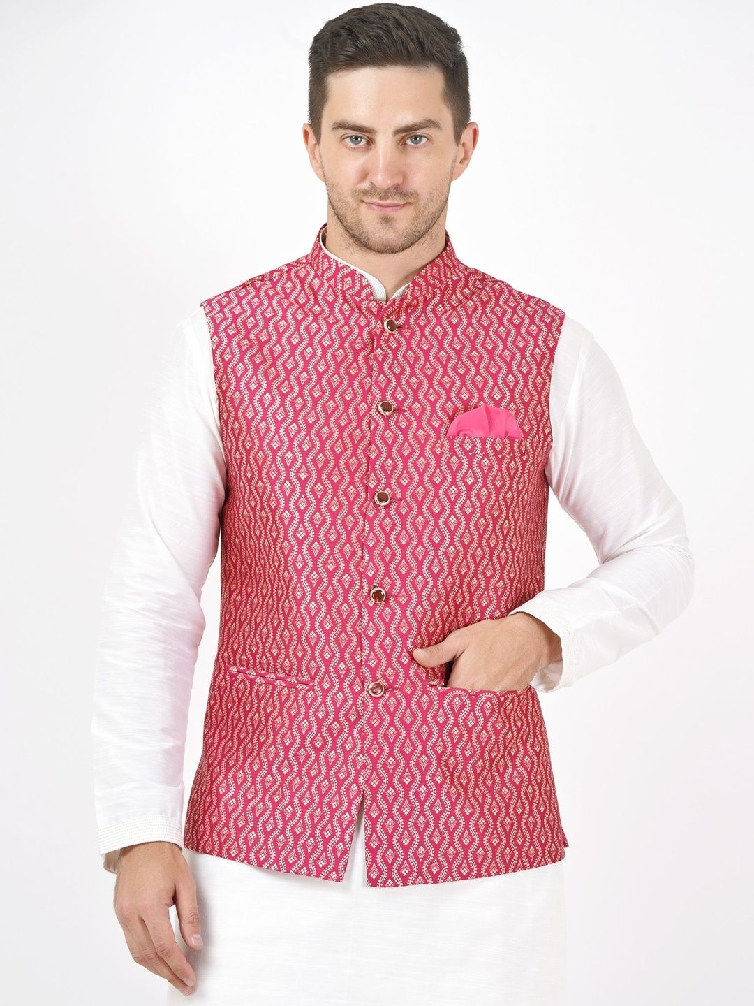 Badoliya & Sons Woven Design Mandarin Collar Nehru Jacket With Pocket Square-picture-47