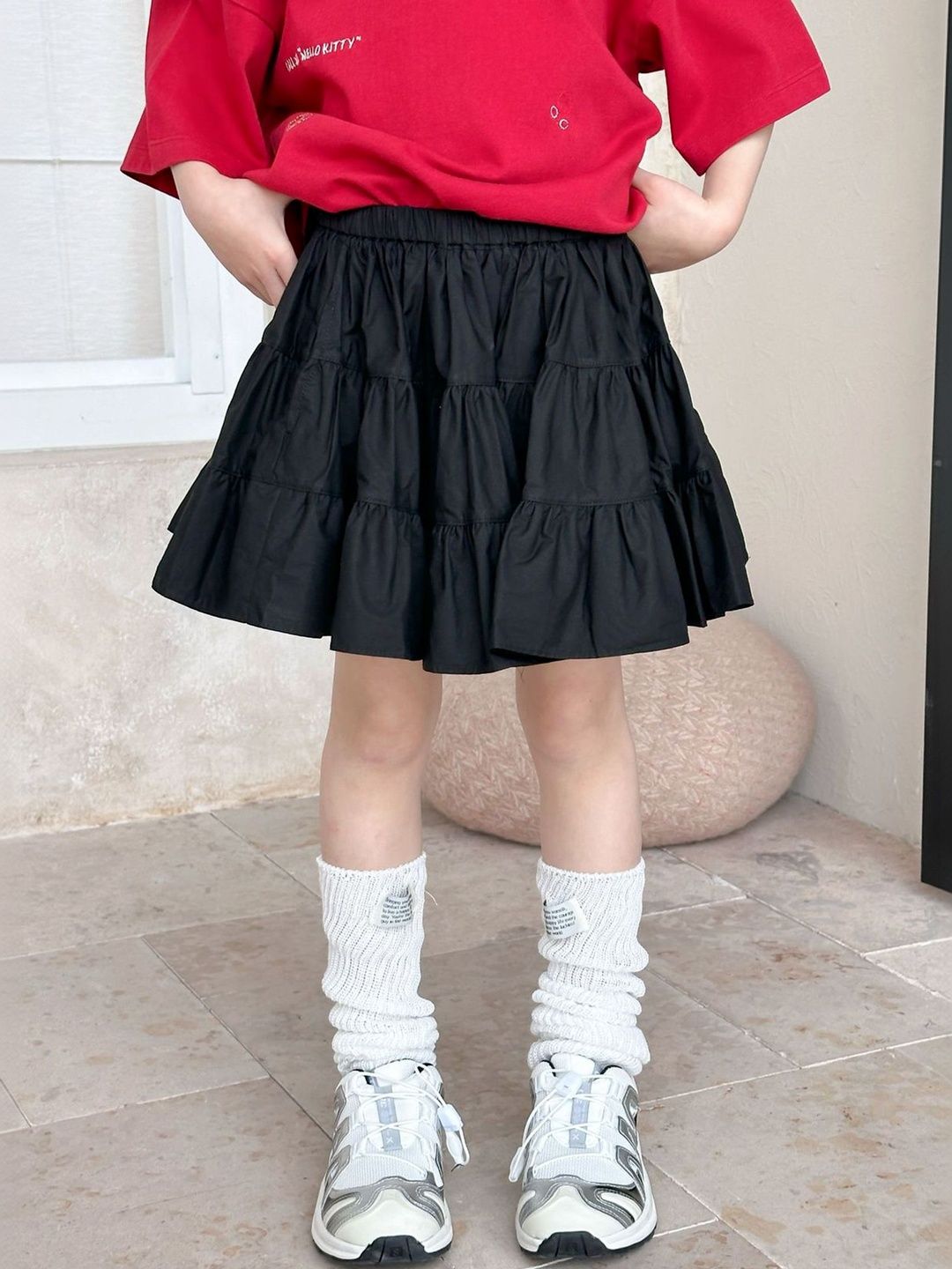 LULU & SKY Girls Solid Pure Cotton Tiered Above Knee Length Skirt-picture-14