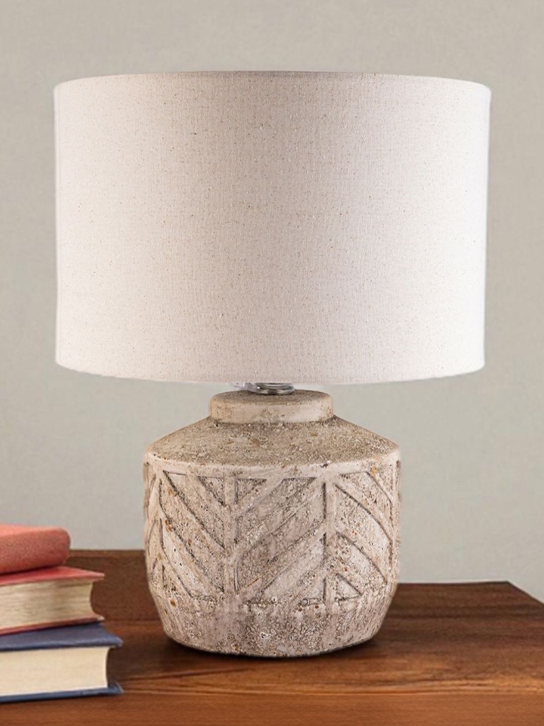 AARVI DECOR STUDIO Beige Terracotta Cylindrical Shaped Table Lamp-image-12