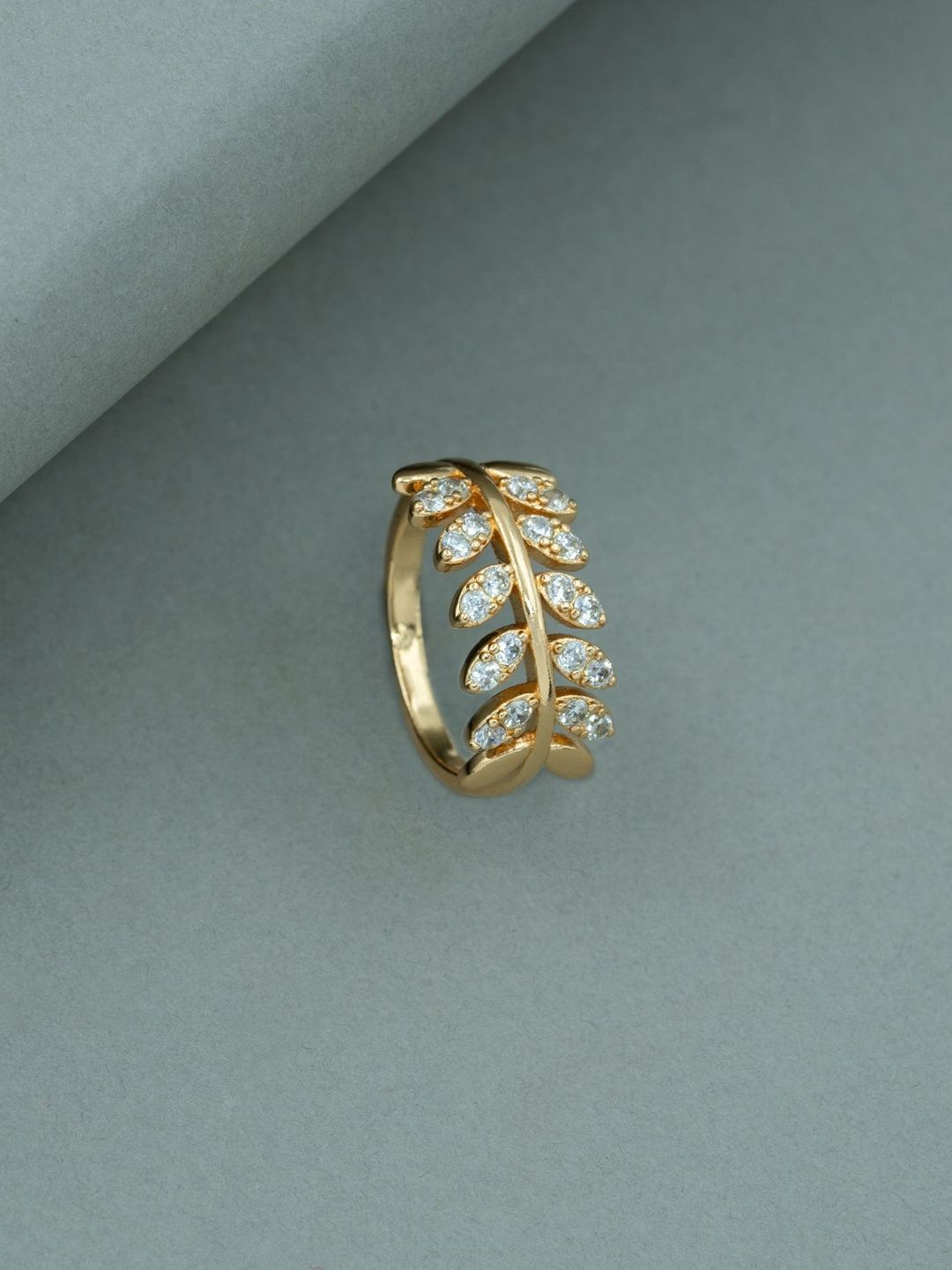 ARTKLIM Gold-Plated Stones Studded Petite Leaf Anti-Tarnish Adjustable Finger Ring-picture-39