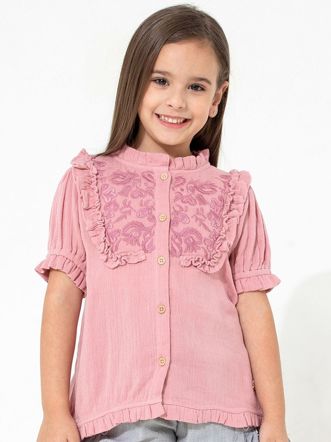 Cherry Crumble Girls Floral Embroidered Puff Sleeves Pure Cotton Shirt Style Top