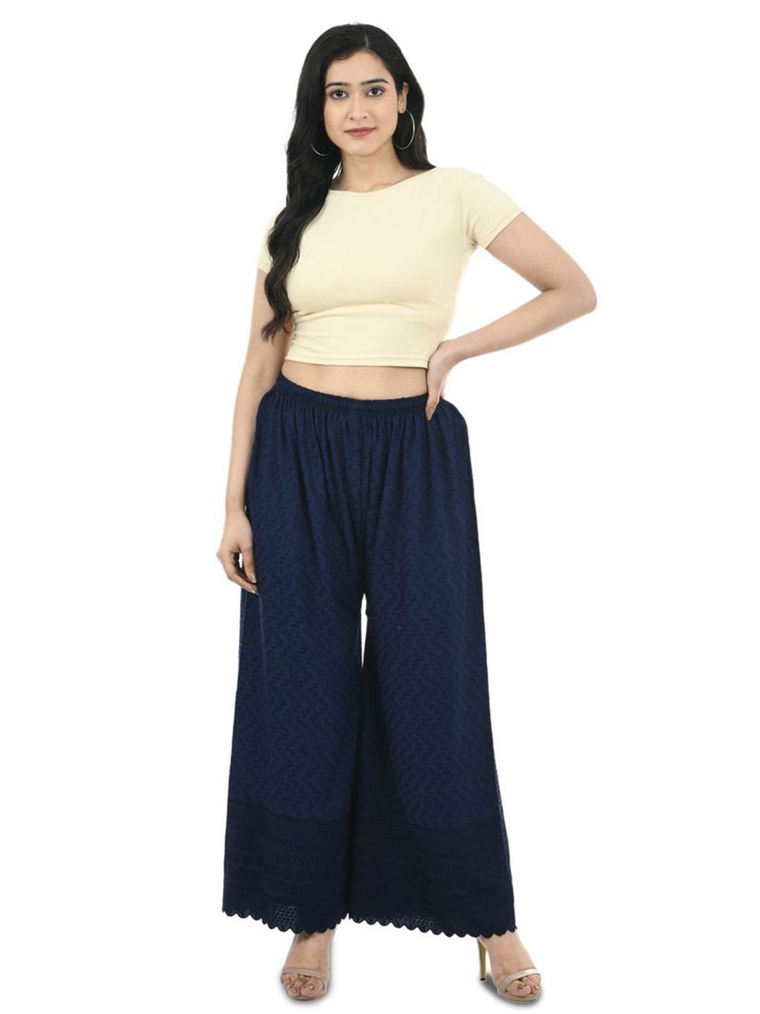 Brainbees Women Striped Embroidered Elasticated Wide Leg Regular Palazzos-picture-56