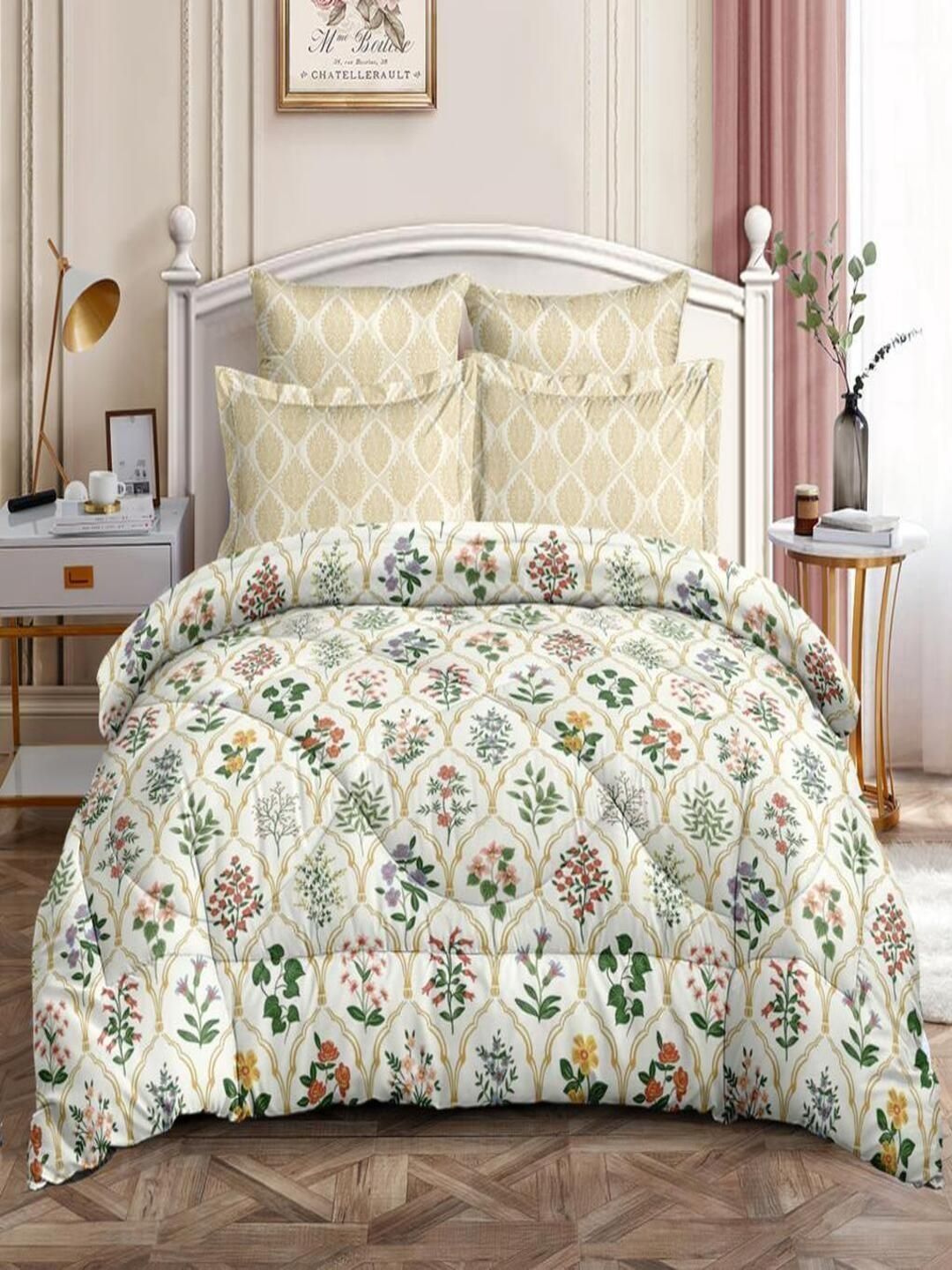 RRC Cream-Coloured & Cream-Coloured Floral Polycotton 4 Piece Double Queen Regular Bedding Set-image-16