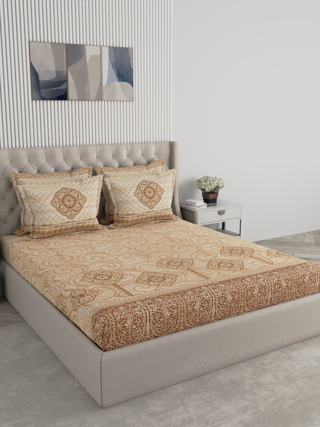 Raymond Home Beige Ethnic Motifs 400 TC Bedsheet with 2 Pillow Covers-image-45