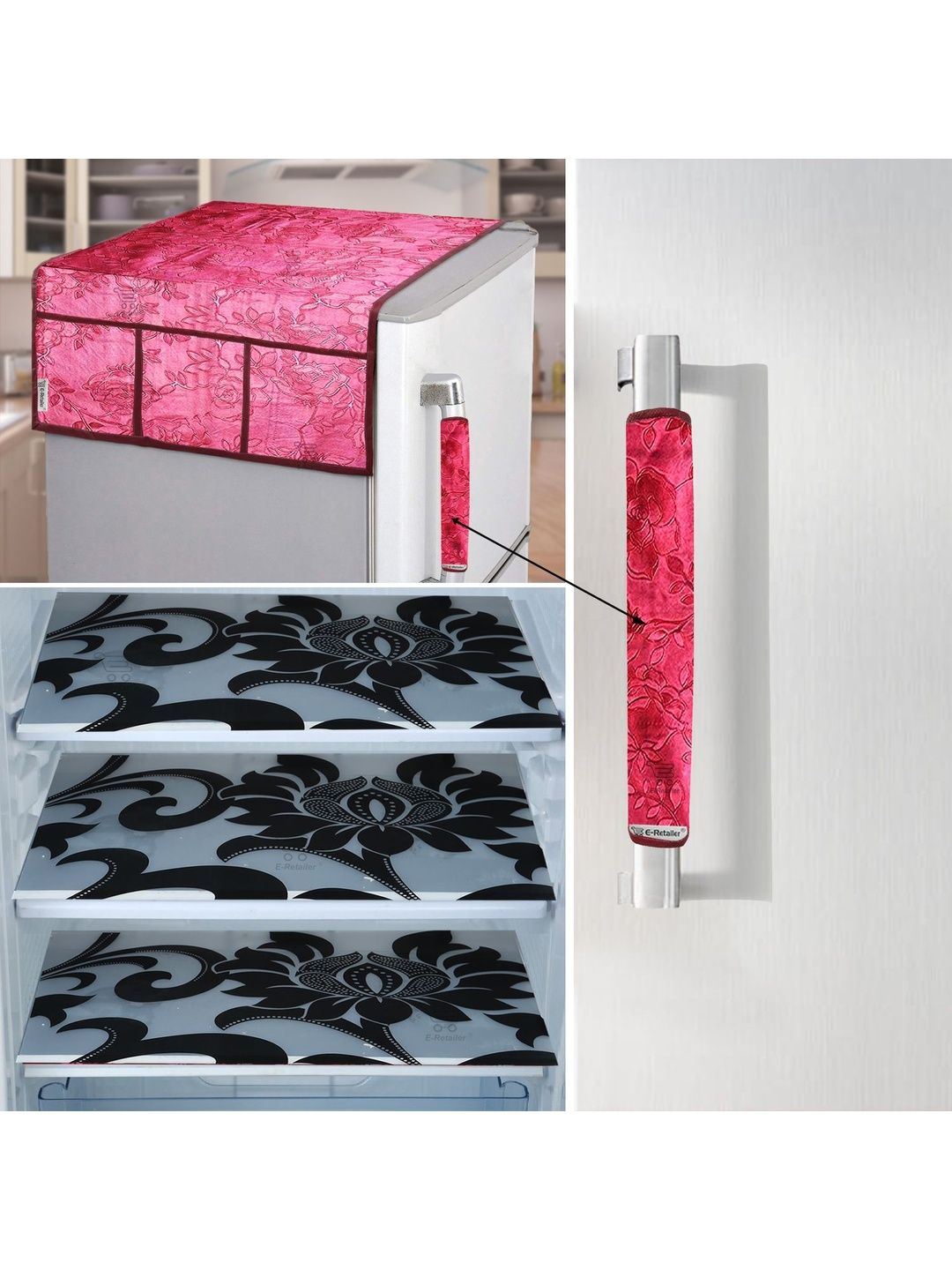 E-Retailer 5Pc Pink & Black Printed Waterproof 3-Layered Refrigerator Covers With Pockets-picture-25