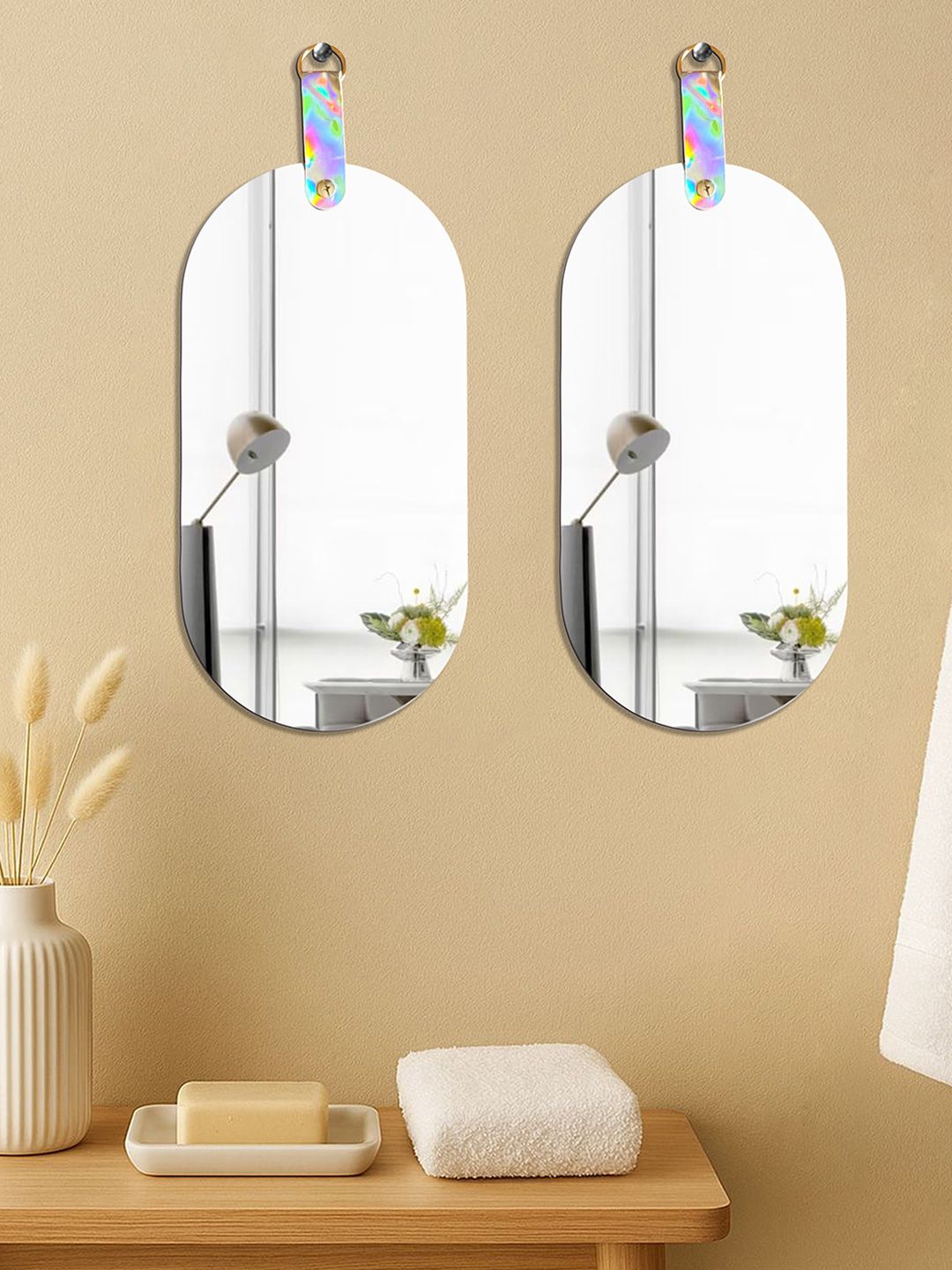 Art Street 2 Pieces Silver Toned Capsule Shaped Frameless Hanging Wall Mirror-picture-30