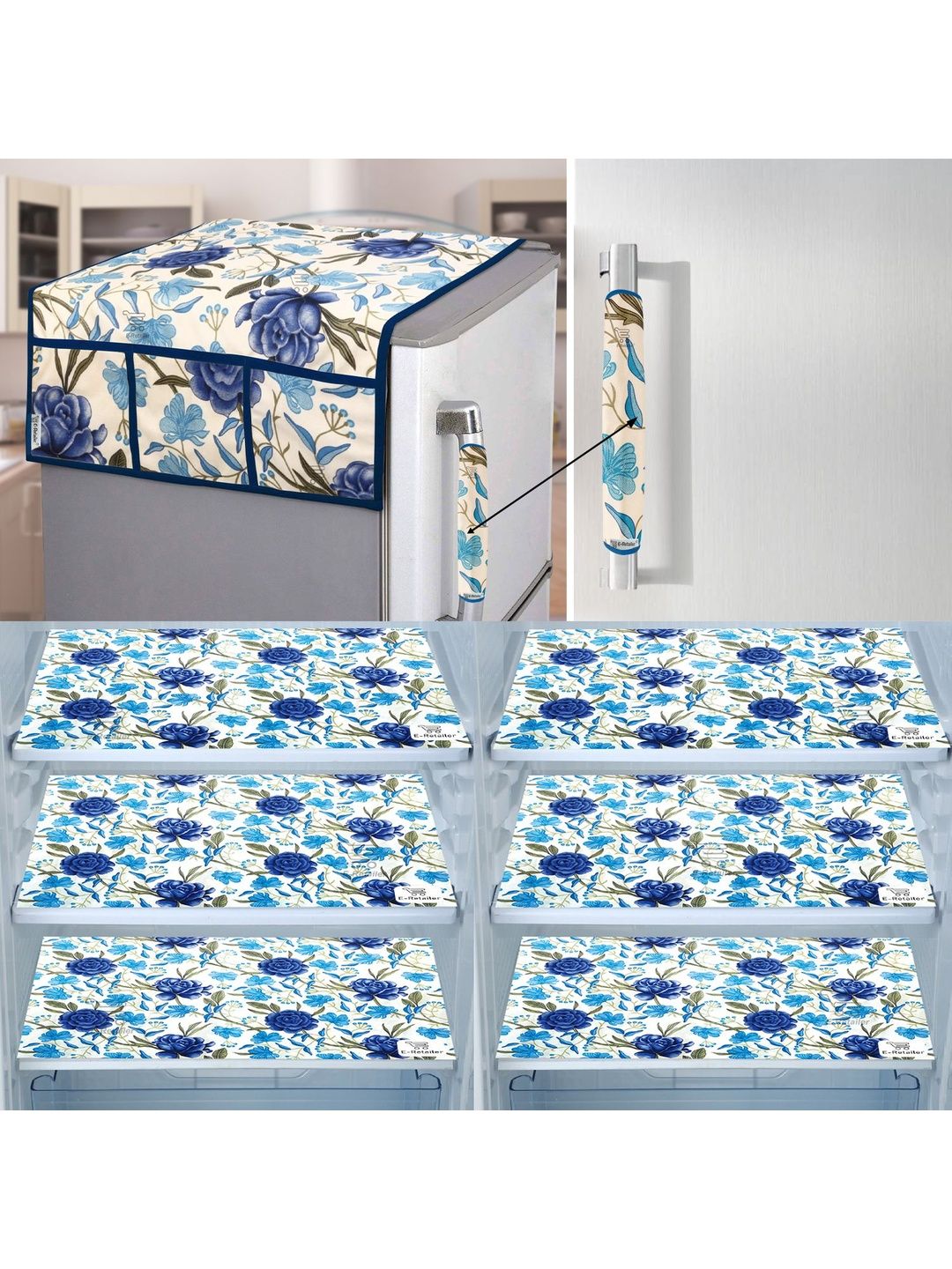 E-Retailer 8Pc Beige & Blue Printed Waterproof 3-Layered Refrigerator Covers With Pockets-picture-36