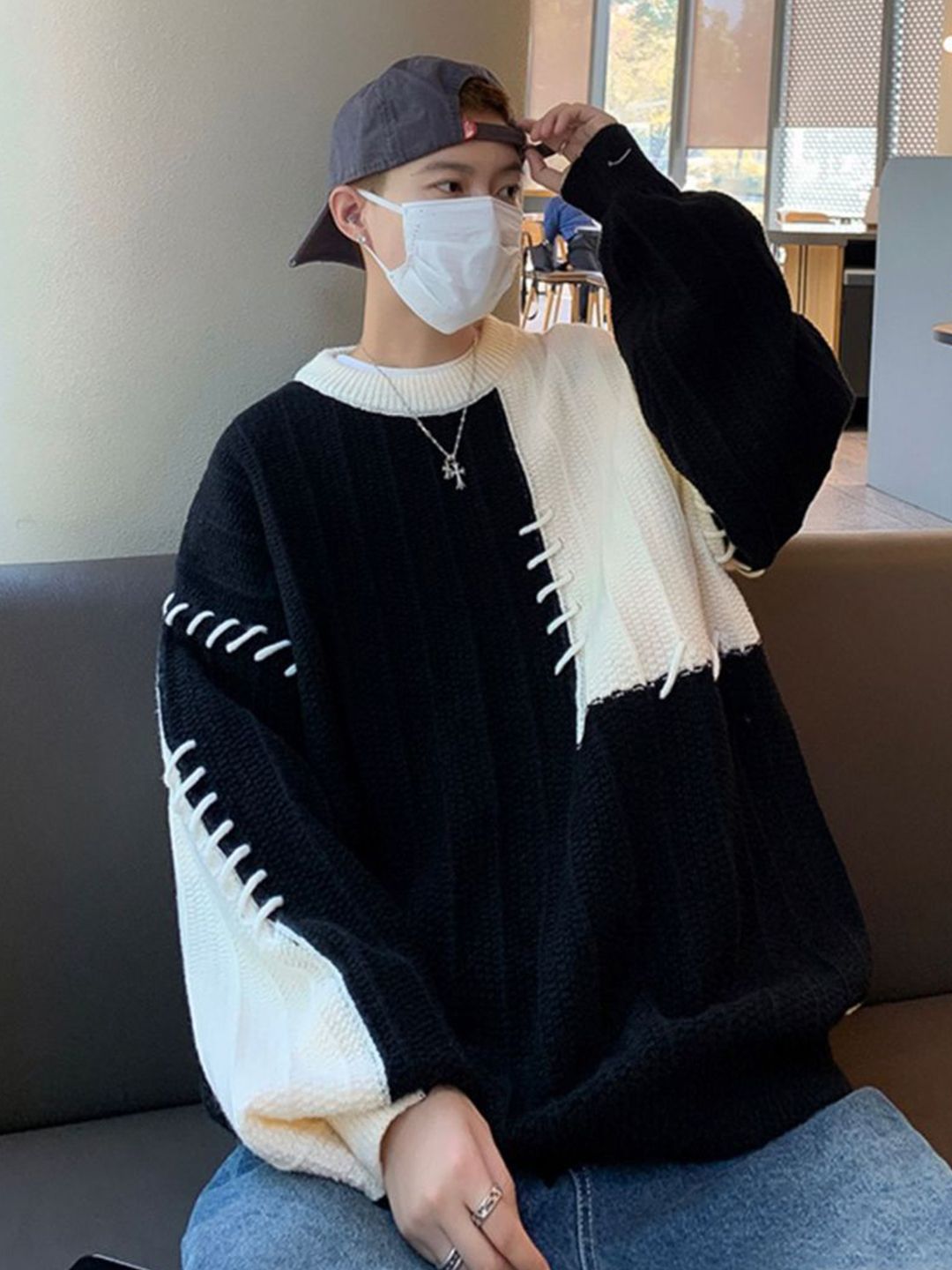 StyleCast x Revolte Men Cable Knit Colourblocked Longline Pullover-picture-38