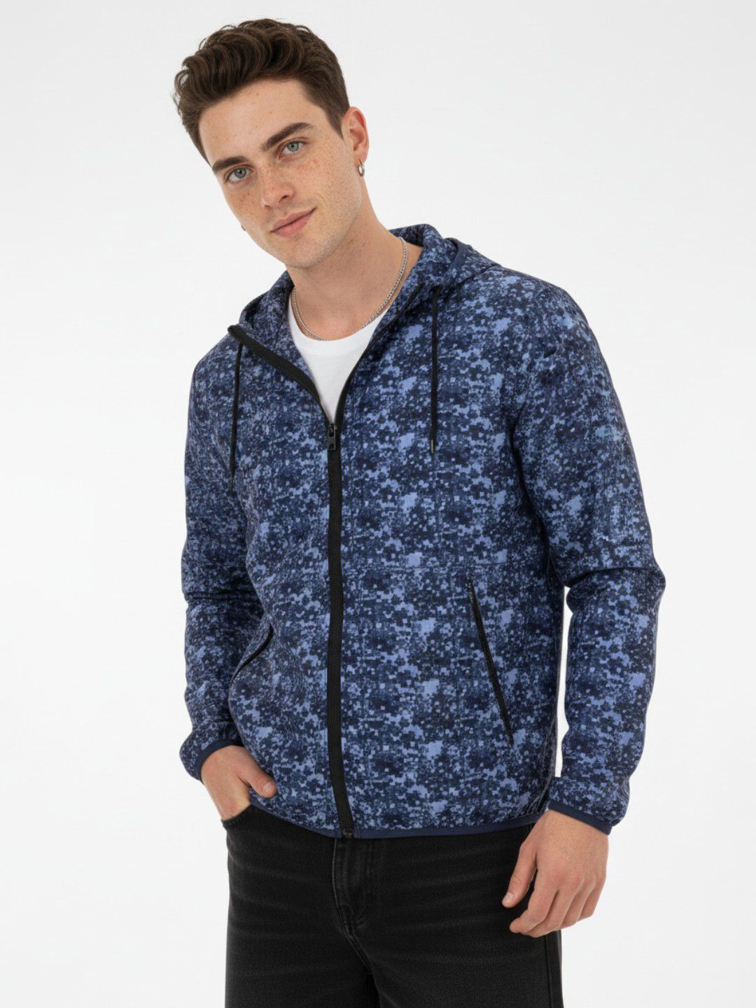 glitchez Abstract Printed Hooded Windcheater Bomber Jacket-image-3