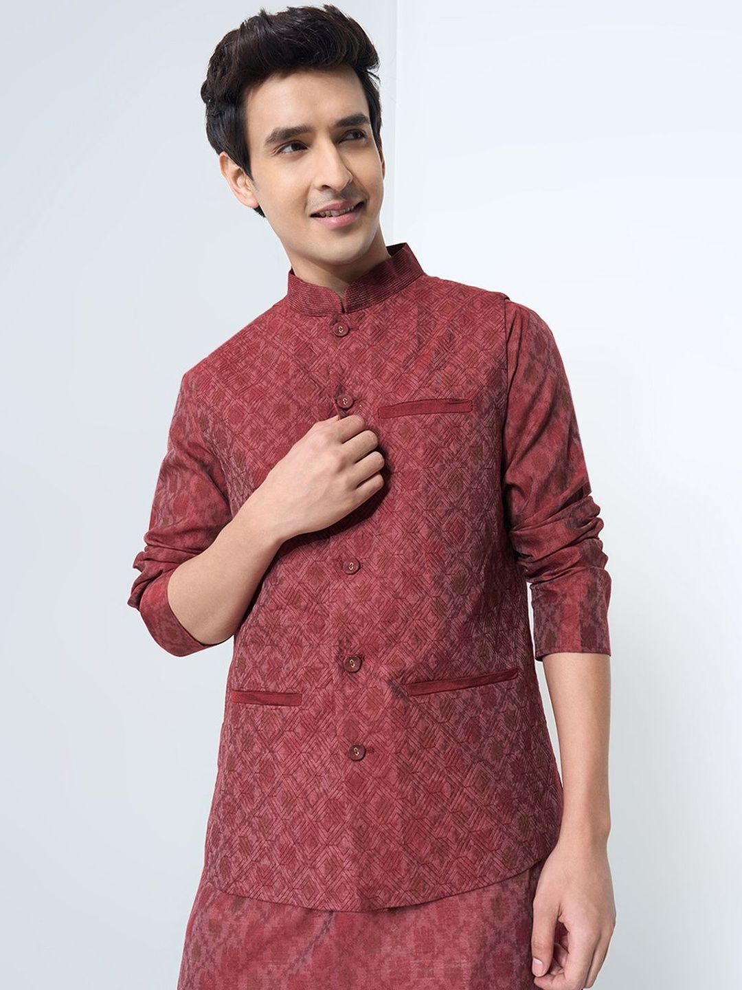 indus route by Pantaloons Woven Design Mandarin Collar Pure Cotton Nehru Jacket-picture-15
