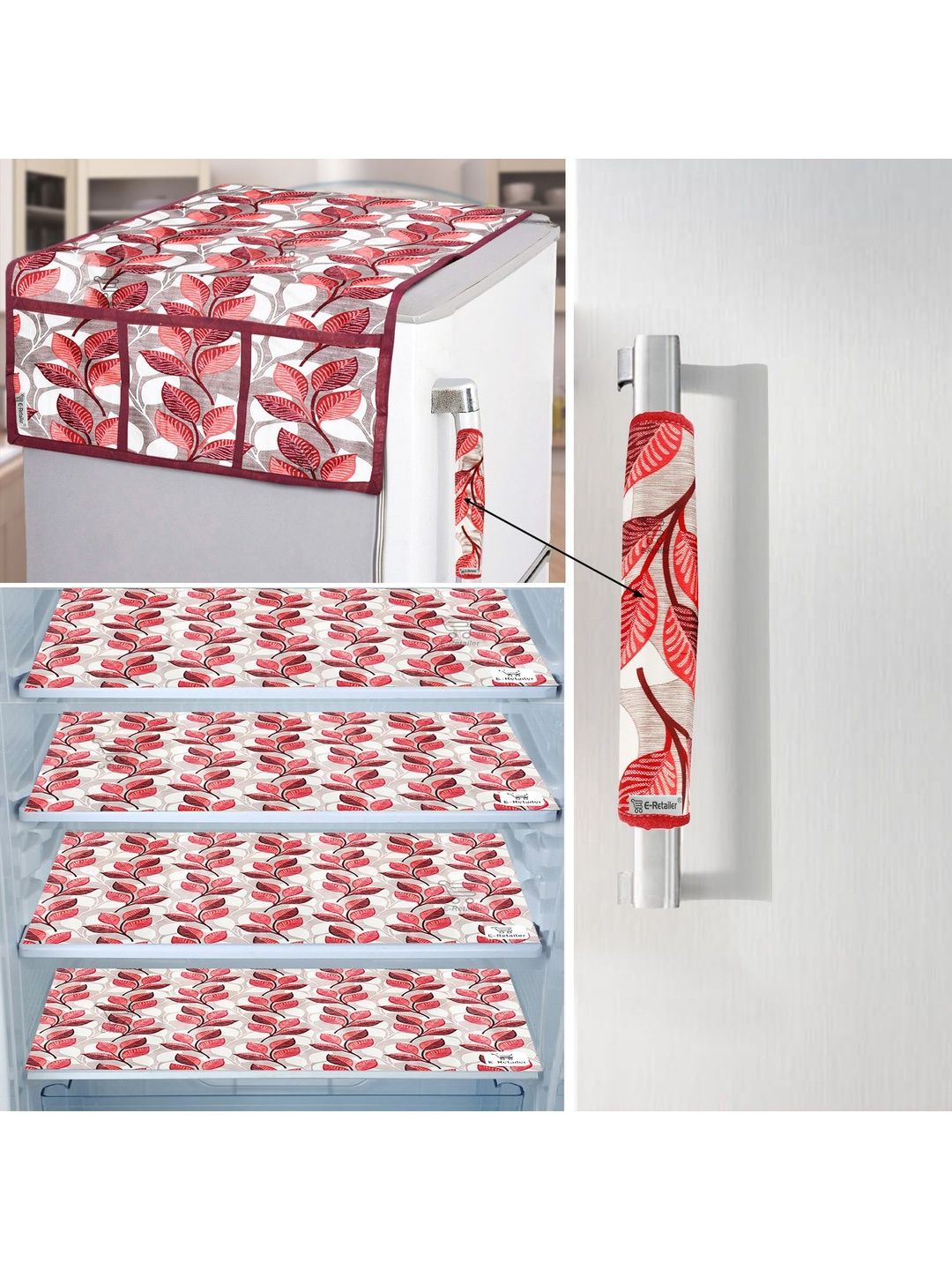 E-Retailer 6Pc White & Pink Printed Waterproof 3-Layered Refrigerator Covers With Pockets-picture-15