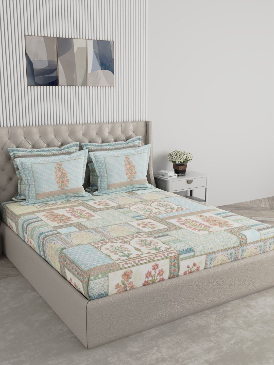 Raymond Home Multicoloured & Blue Floral 400 TC King Bedsheet with 2 Pillow Covers-image-23