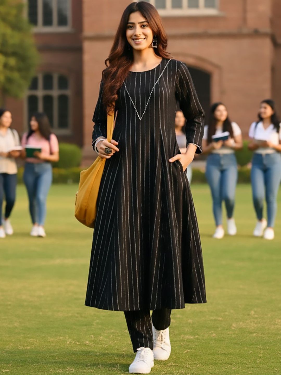 AADVIKA Striped Panelled Round Neck A-Line Kurta With Trousers-picture-39
