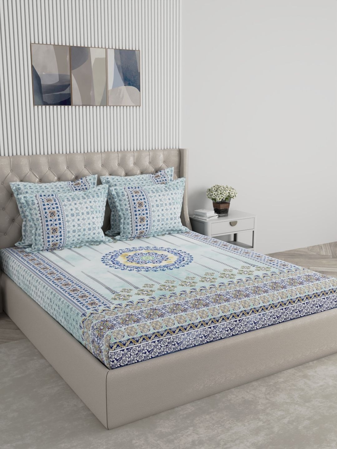 Raymond Home Blue Ethnic Motifs 400 TC King Bedsheet with 4 Pillow Covers-image-22