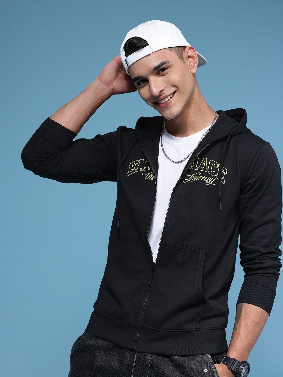 HERE&NOW Pure Cotton Typography Embroidered Hooded Sweatshirt-image-39