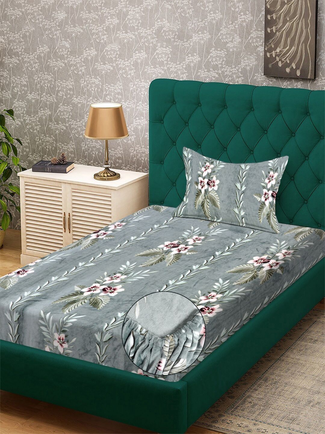 KLOTTHE Green Floral Printed 300 TC Single Bedsheet With Pillow Covers-picture-20