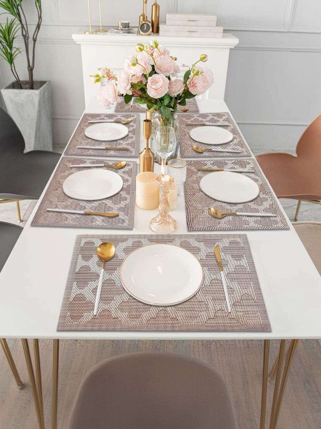 LUXEHOME INTERNATIONAL Brown & White 6 Pieces Textured Anti-Skid Table Placemats-picture-25