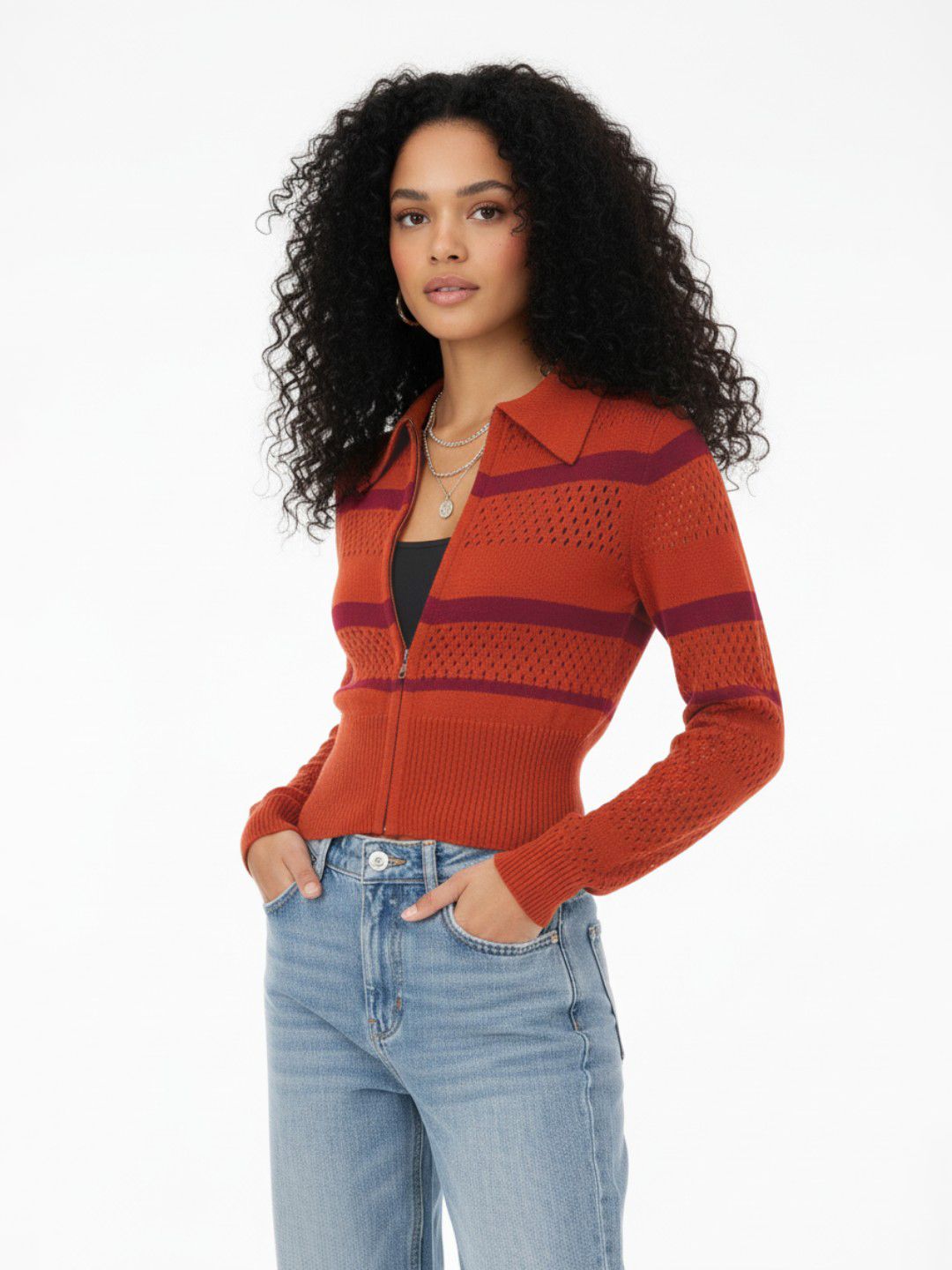 glitchez Open Knit Self Design Spread Collar Cardigan-picture-26