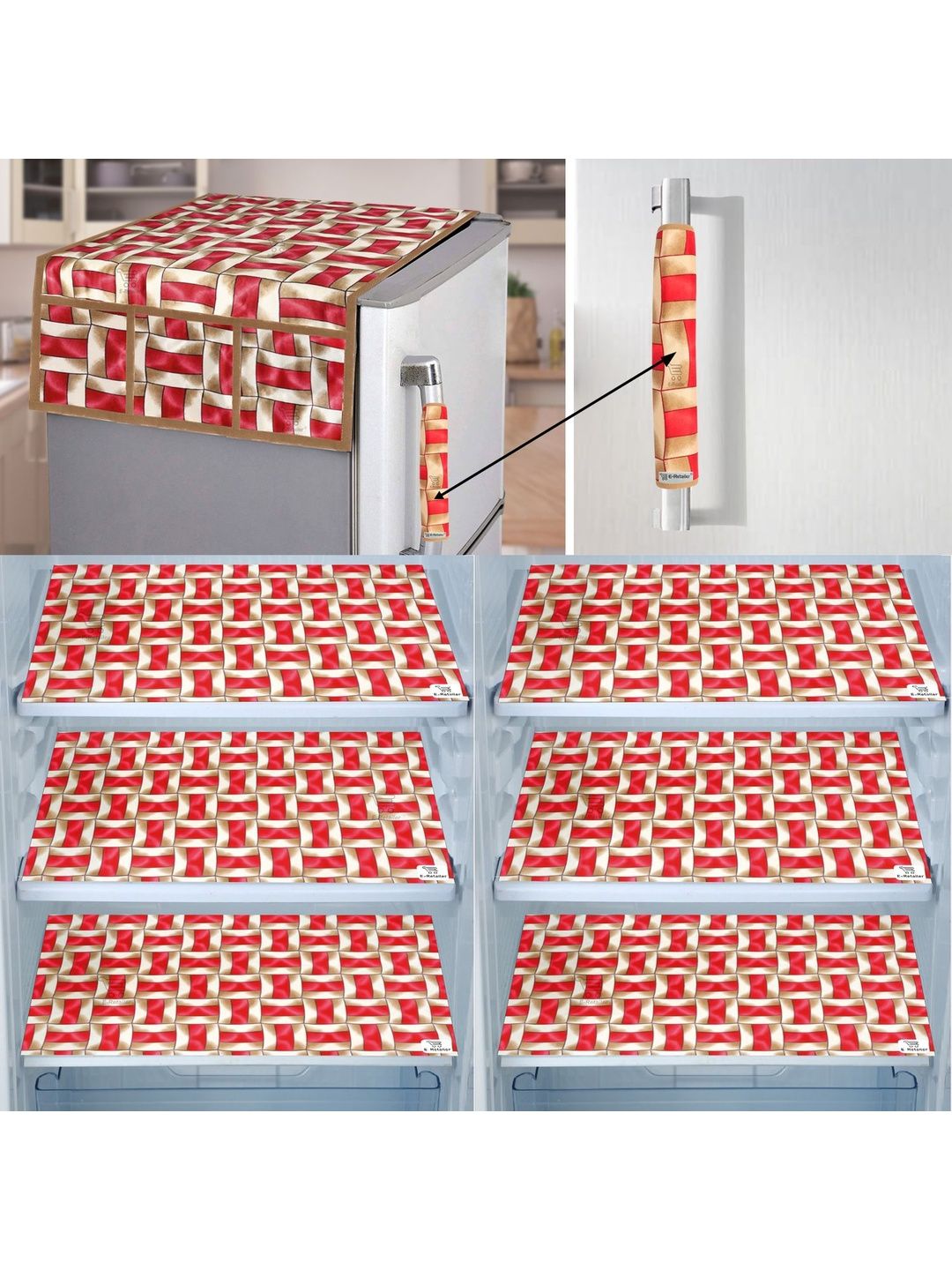 E-Retailer 8Pc Red & Brown Printed Waterproof 3-Layered Refrigerator Covers With Pockets-picture-19