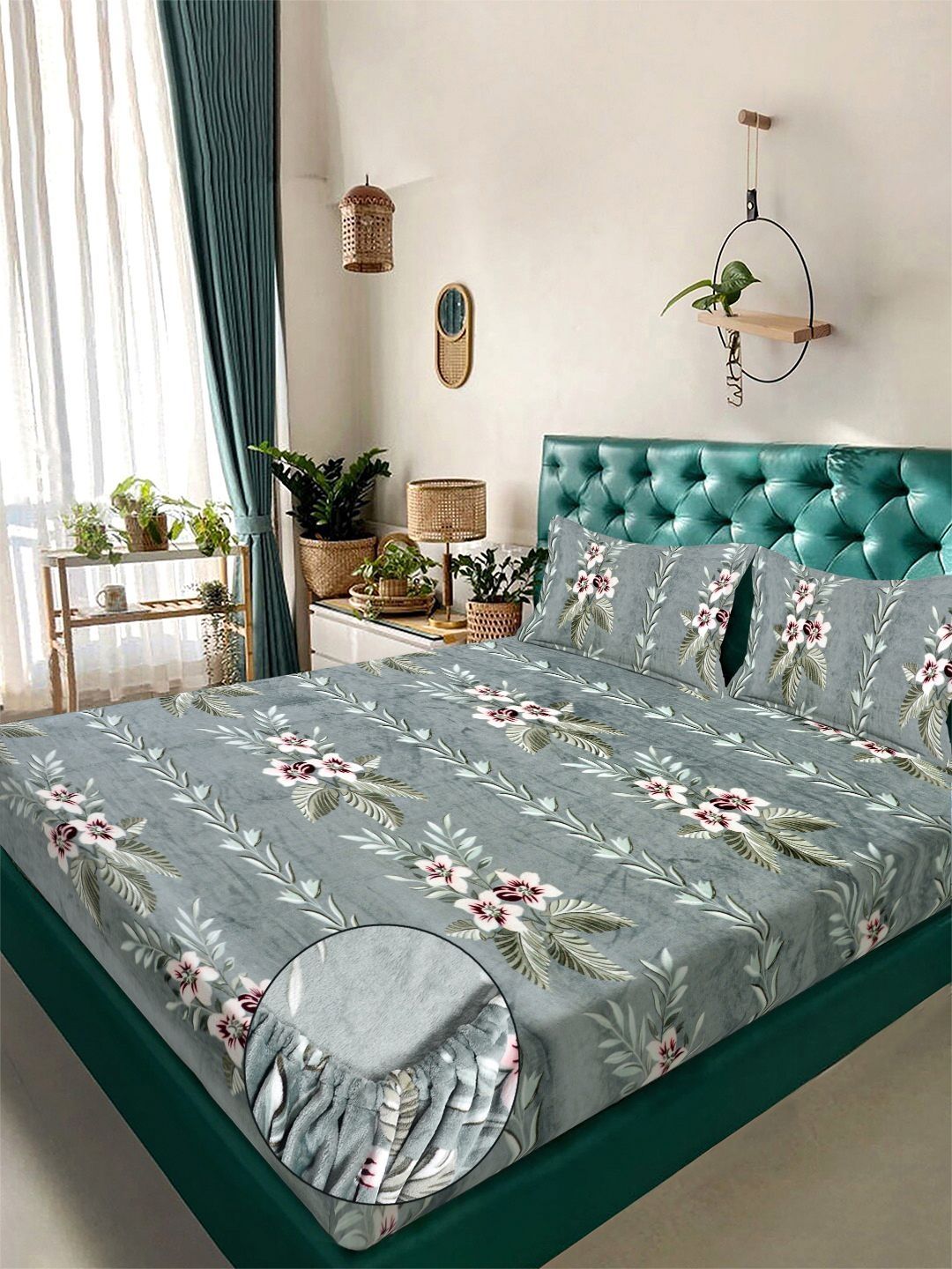 KLOTTHE Green Floral Printed 300 TC Double Bedsheet With 2 Pillow Covers-picture-40