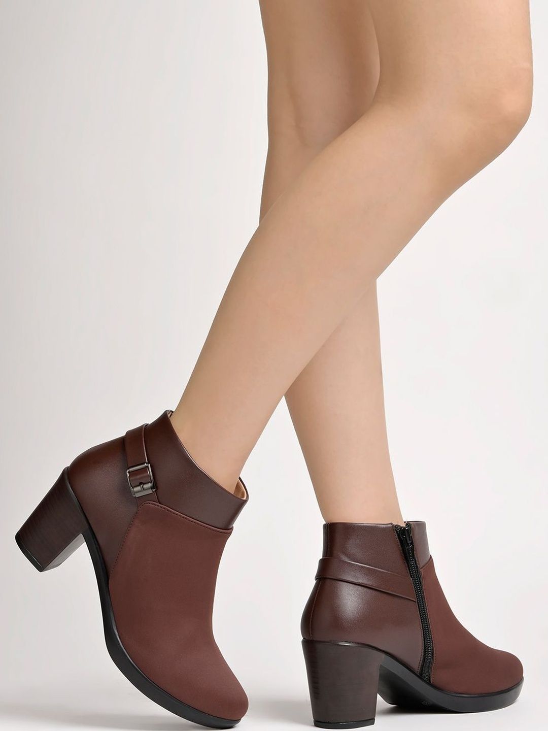 Shoetopia Women Textured Pointed Toe Block Heels Boots-image-23