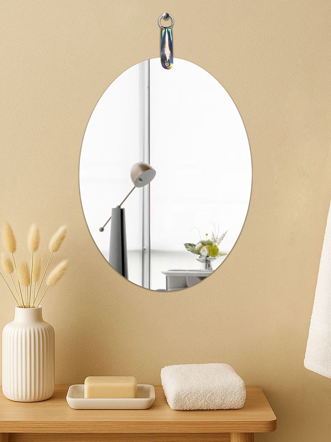 Art Street Silver Toned Oval Shaped Frameless Hanging Wall Mirror
