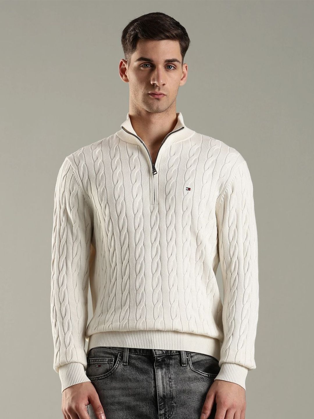 Tommy Hilfiger Self Design Cable Knit Mock Collar Cotton Pullover Sweater-picture-51