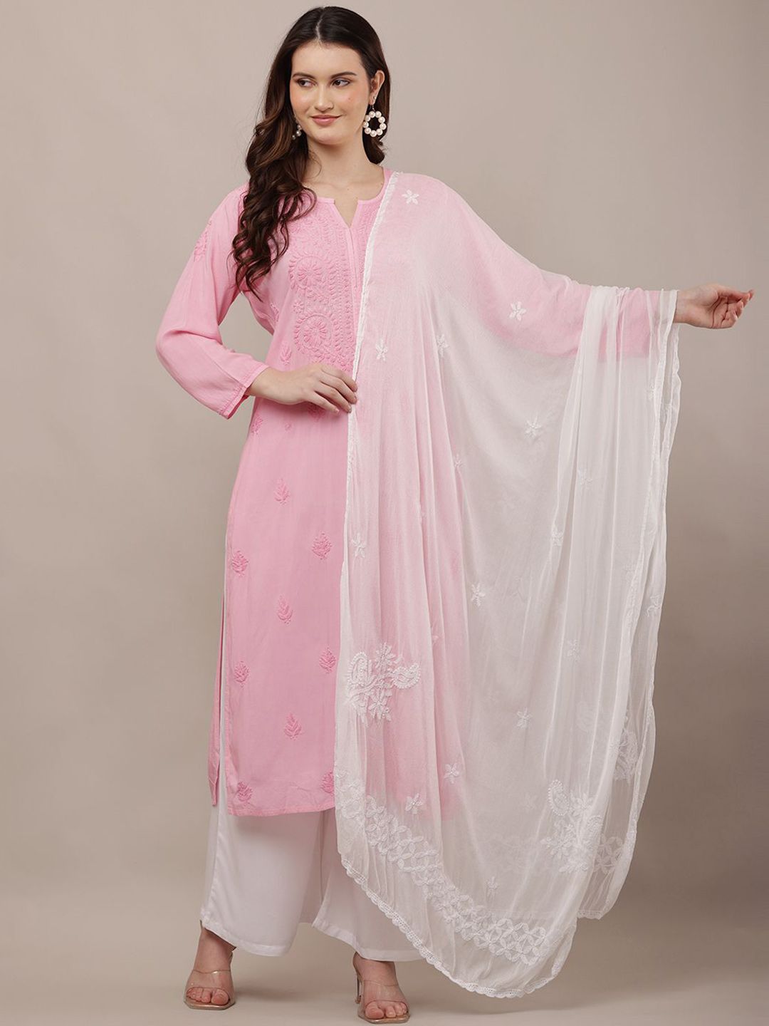 Nature thread Floral Embroidered Chikankari Work Chiffon Dupatta