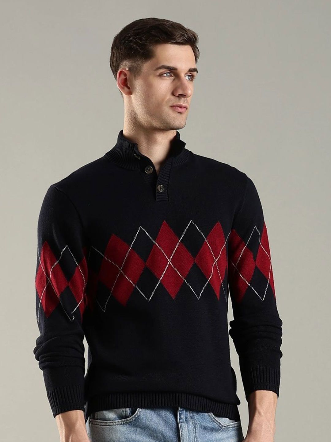 Tommy Hilfiger Argyle Printed Mock Collar Cotton Pullover Sweater-picture-55