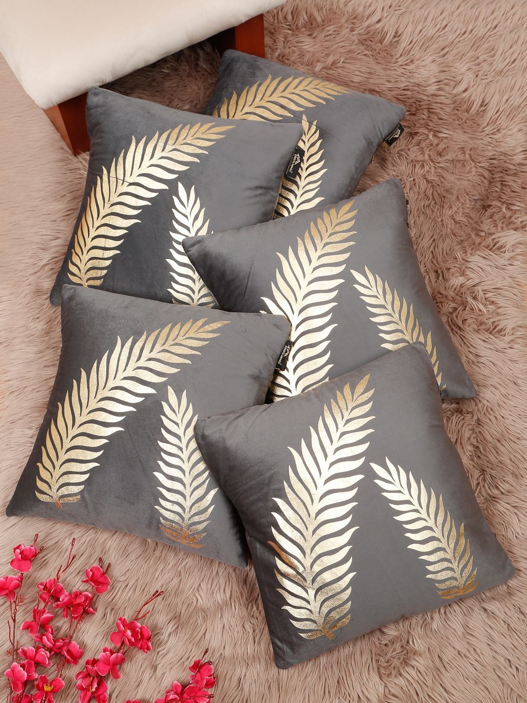 HOSTA HOMES Grey & Gold-Toned Set of 5 Floral Velvet Square Cushion Covers-picture-16