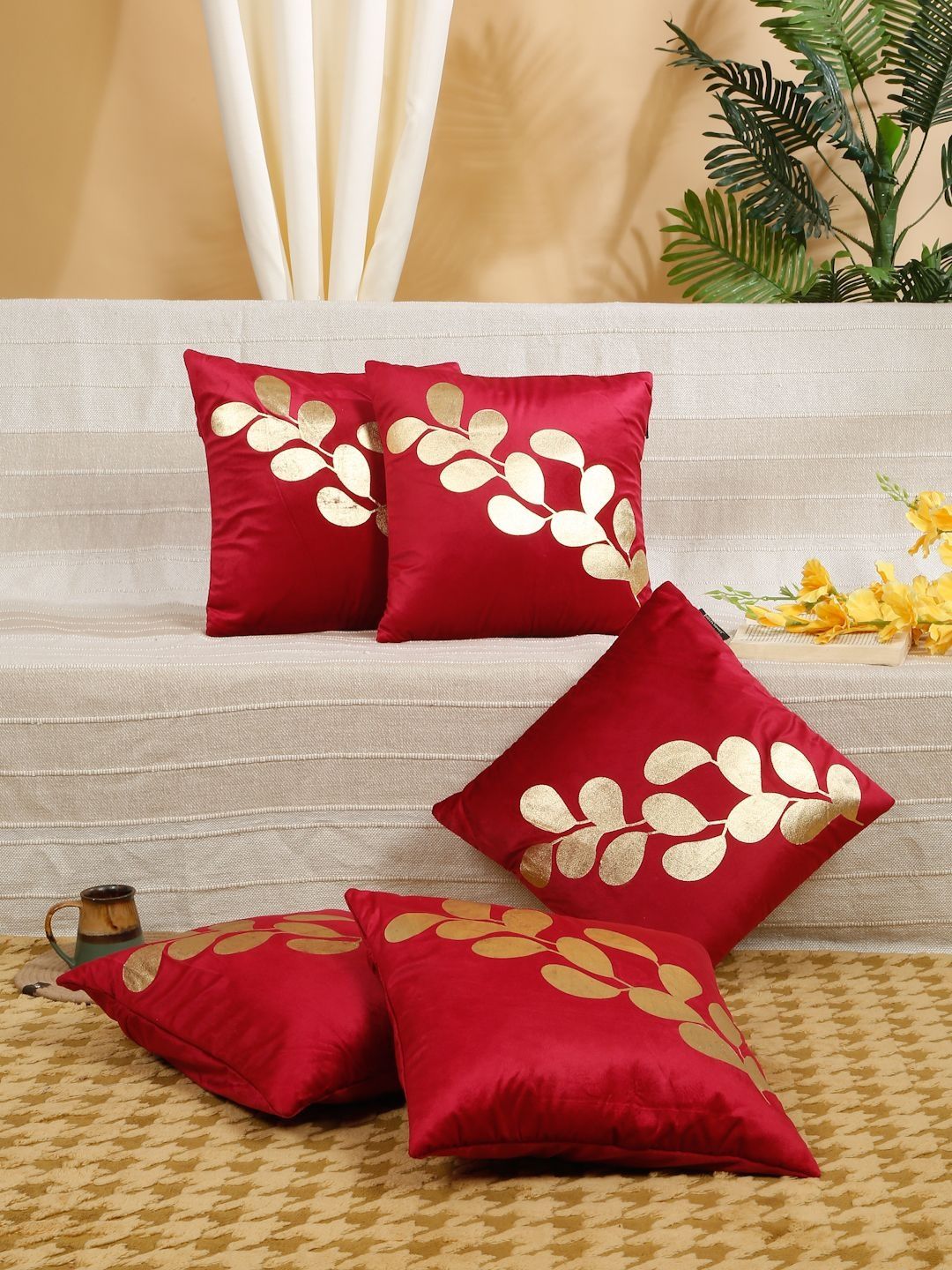 HOSTA HOMES Red & Gold-Toned Set of 5 Floral Velvet Square Cushion Covers-picture-14
