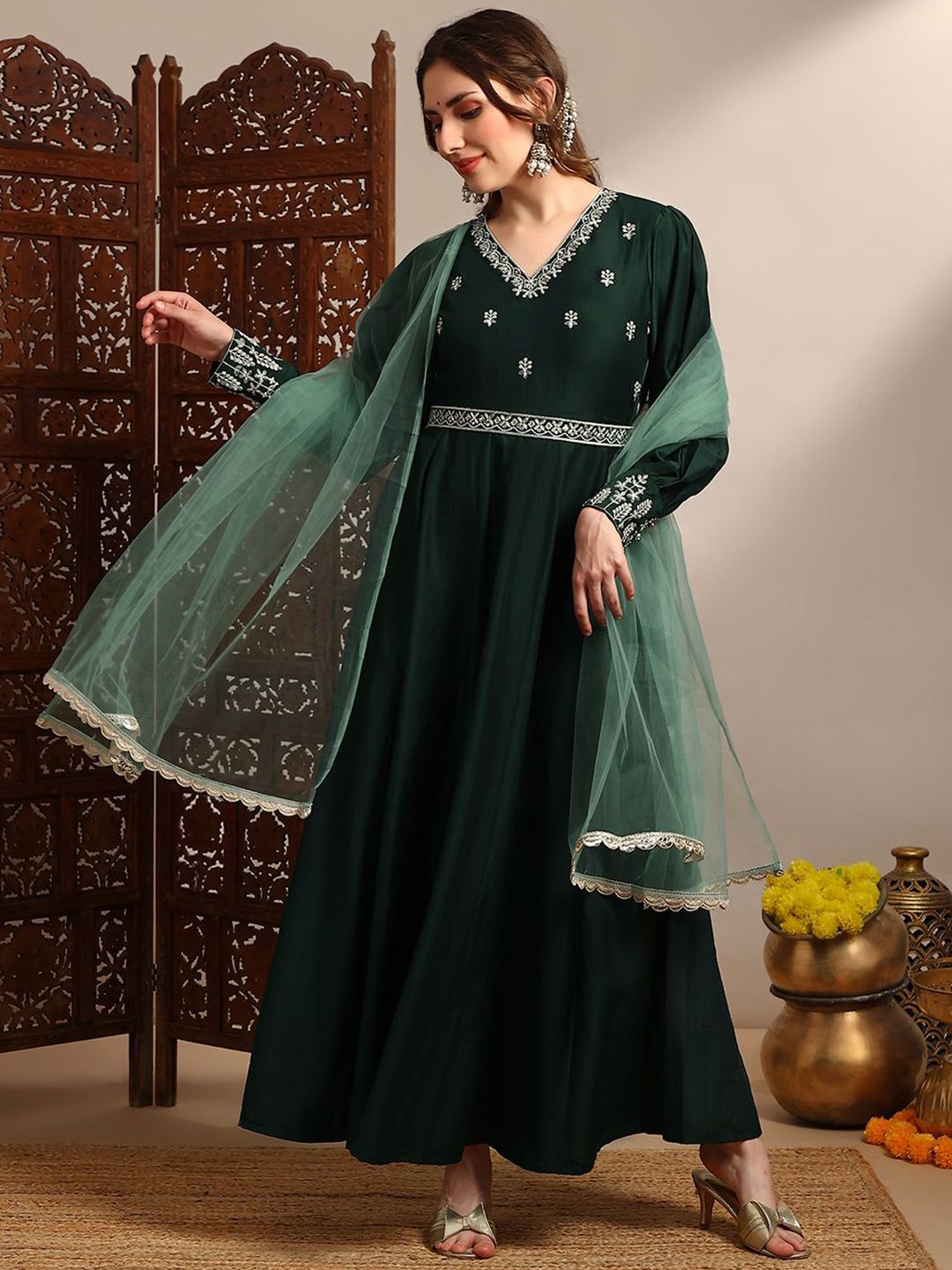 Globus Embroidered V-Neck Puff Sleeves A-Line Silk Maxi Ethnic Dress With Belt & Dupatta-picture-39