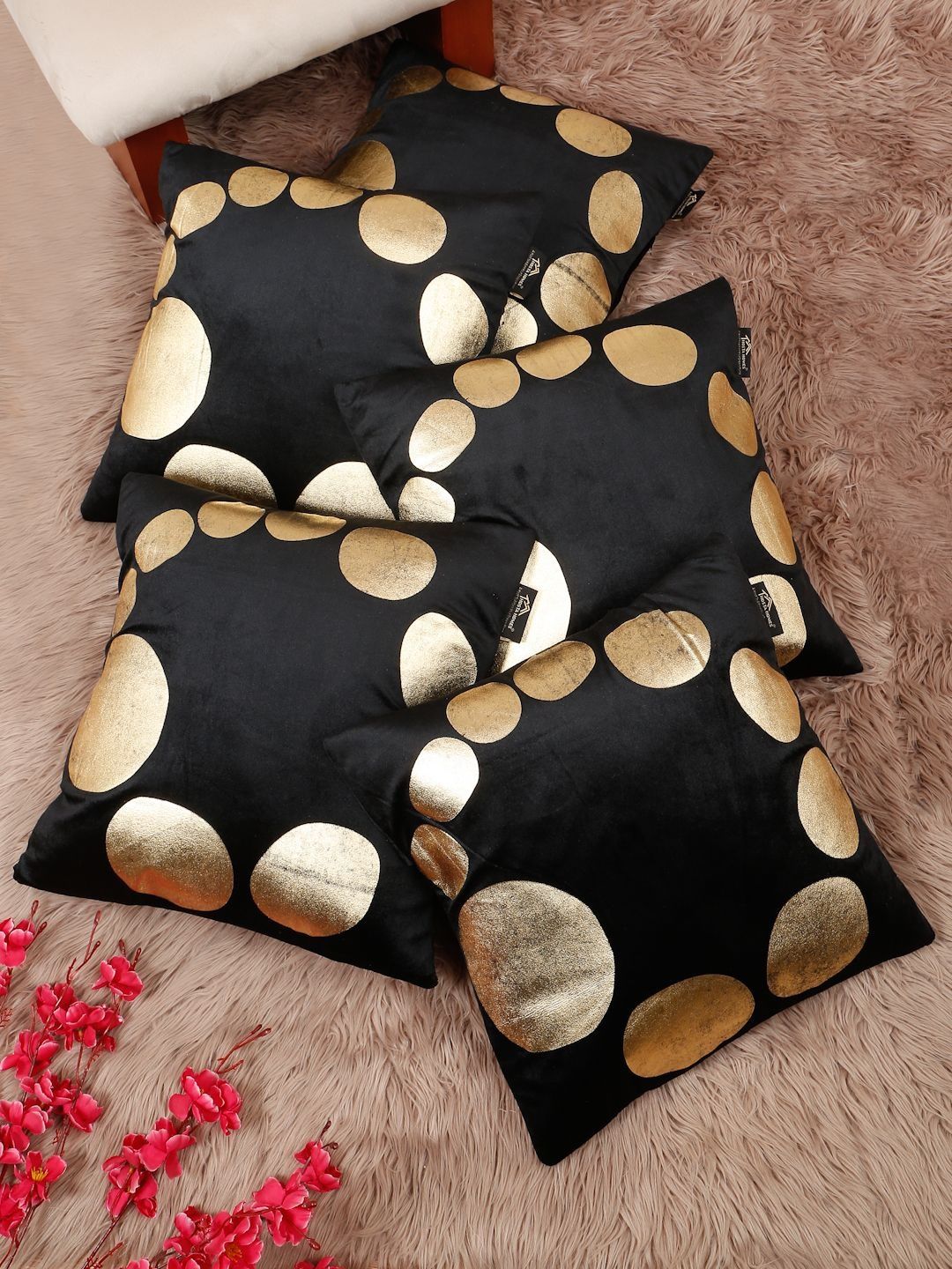 HOSTA HOMES Black & Gold-Toned Set of 5 Velvet Square Cushion Covers-picture-30