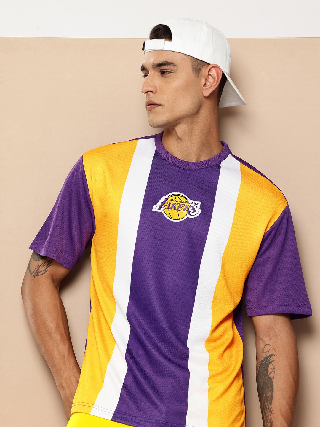 NBA Los Angeles Lakers Applique Striped Oversized Drop-Shoulder Sleeves T-Shirt-picture-24