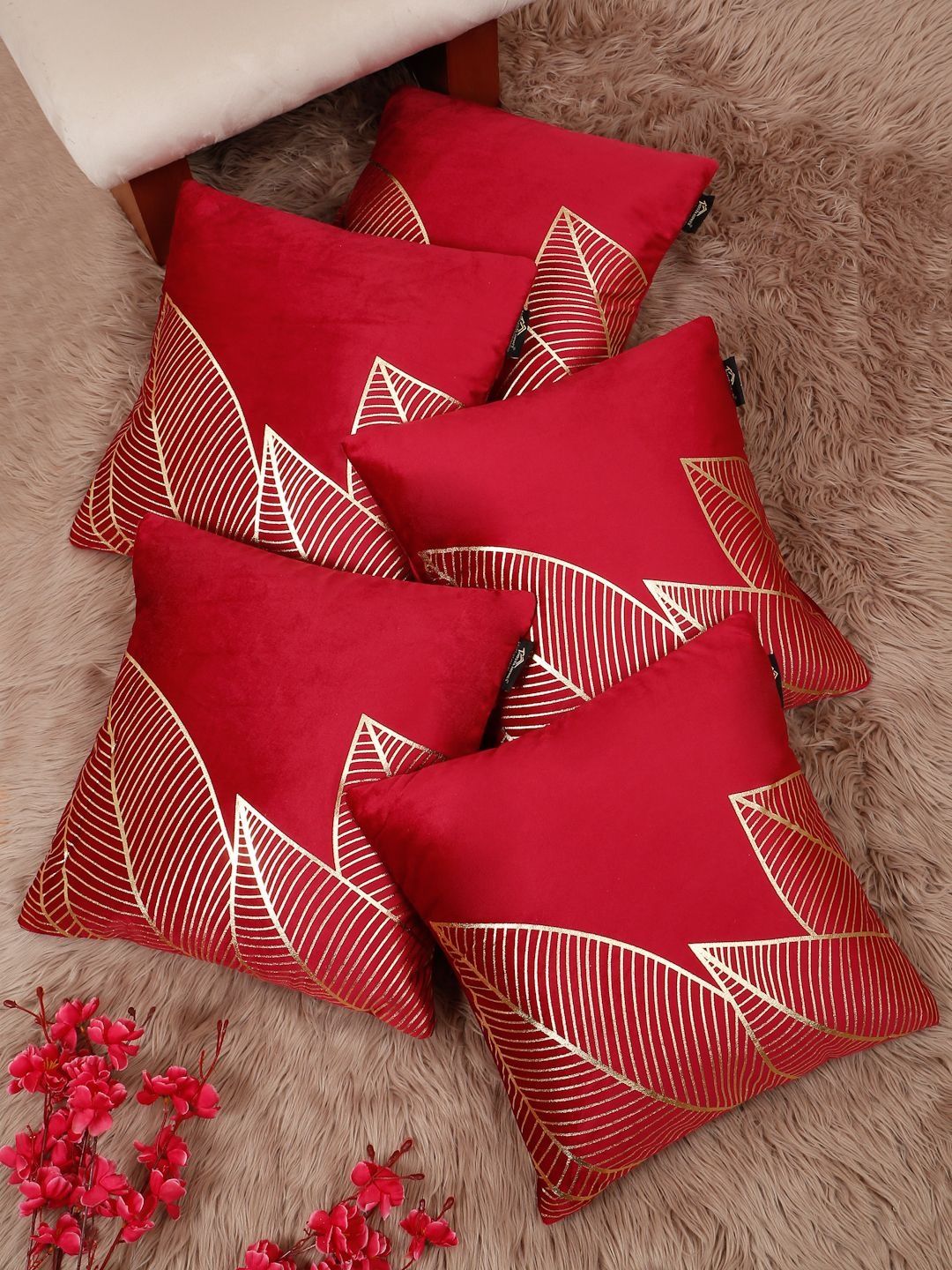 HOSTA HOMES Red & Gold-Toned Set of 5 Floral Velvet Square Cushion Covers-picture-12