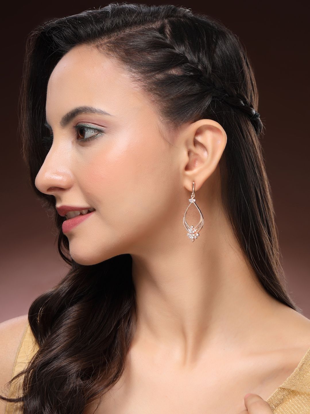 ZENEME Rose Gold Plated American Diamond Studded Teardrop Shaped Drop Earrings-picture-39