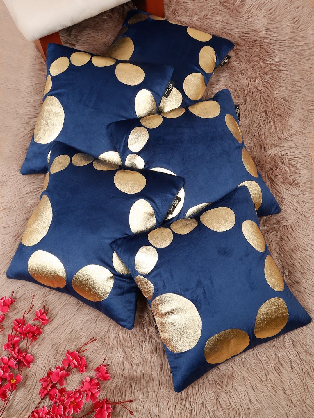 HOSTA HOMES Blue & Gold-Toned Set of 5 Velvet Square Cushion Covers-picture-32