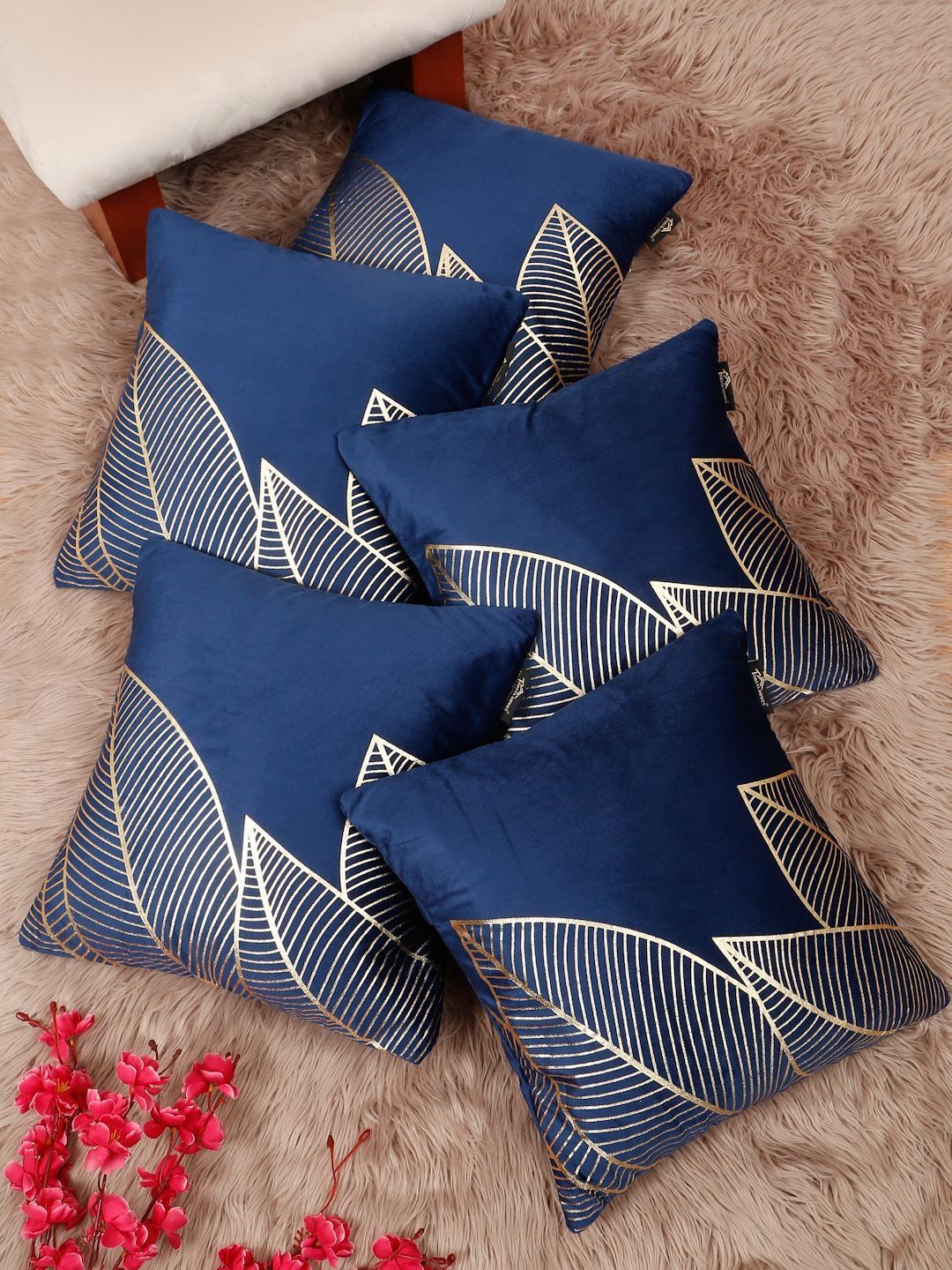 HOSTA HOMES Blue & Gold-Toned Set of 5 Floral Velvet Square Cushion Covers-picture-14