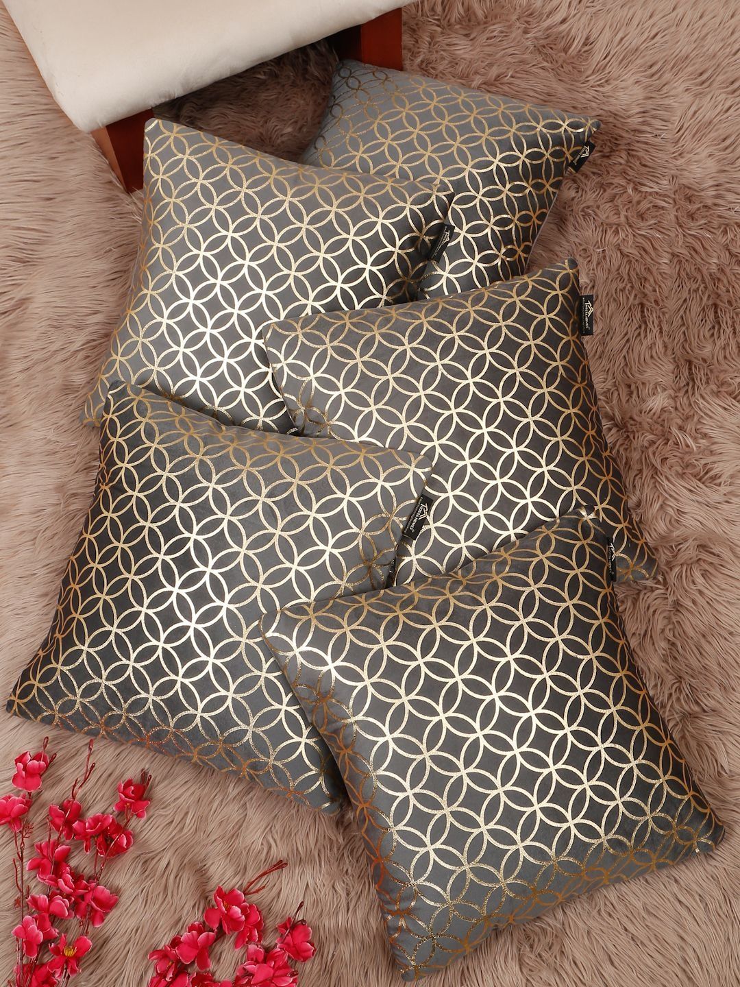 HOSTA HOMES Grey & Gold-Toned Set of 5 Geometric Velvet Square Cushion Covers-picture-38