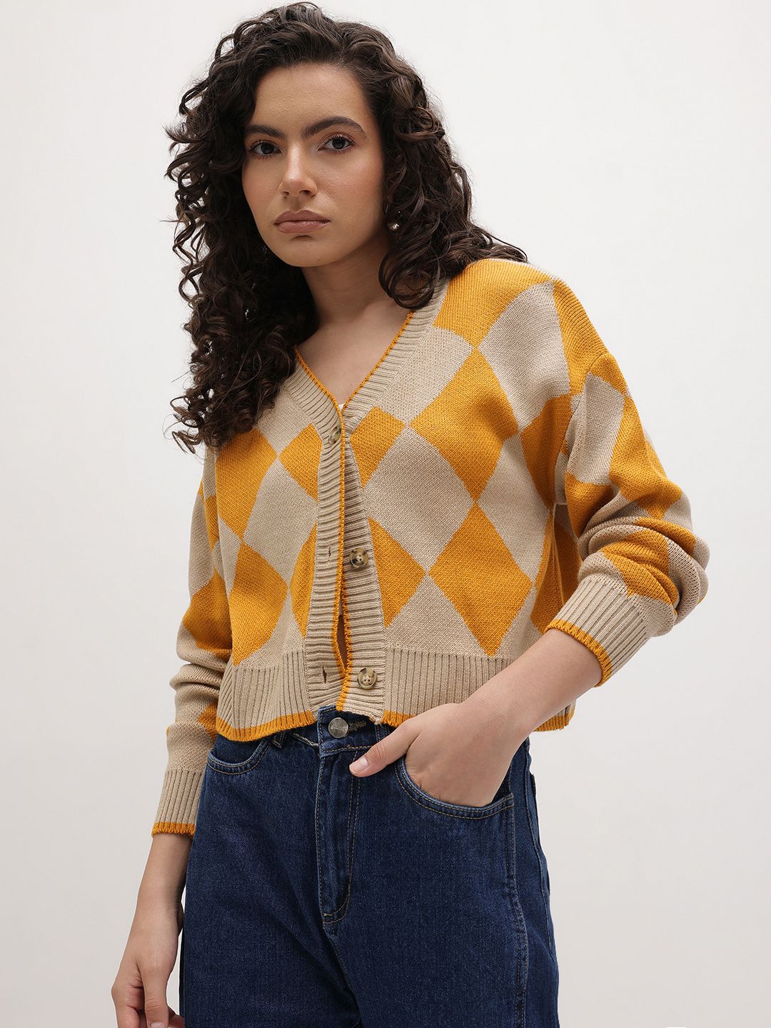 Roadster Argyle Self Design V-Neck Cardigan-picture-12