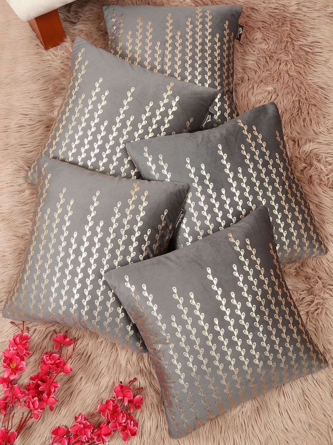 HOSTA HOMES Grey & Gold-Toned Set of 5 Floral Velvet Square Cushion Covers-picture-17