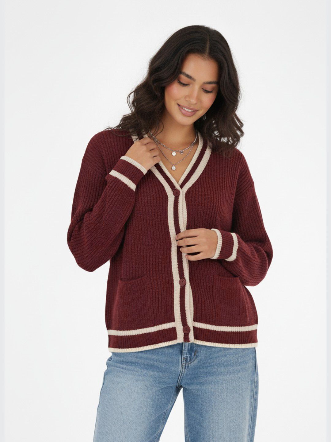 glitchez Ribbed V-Neck Oversized Cardigan with Contrasting Edges-picture-32