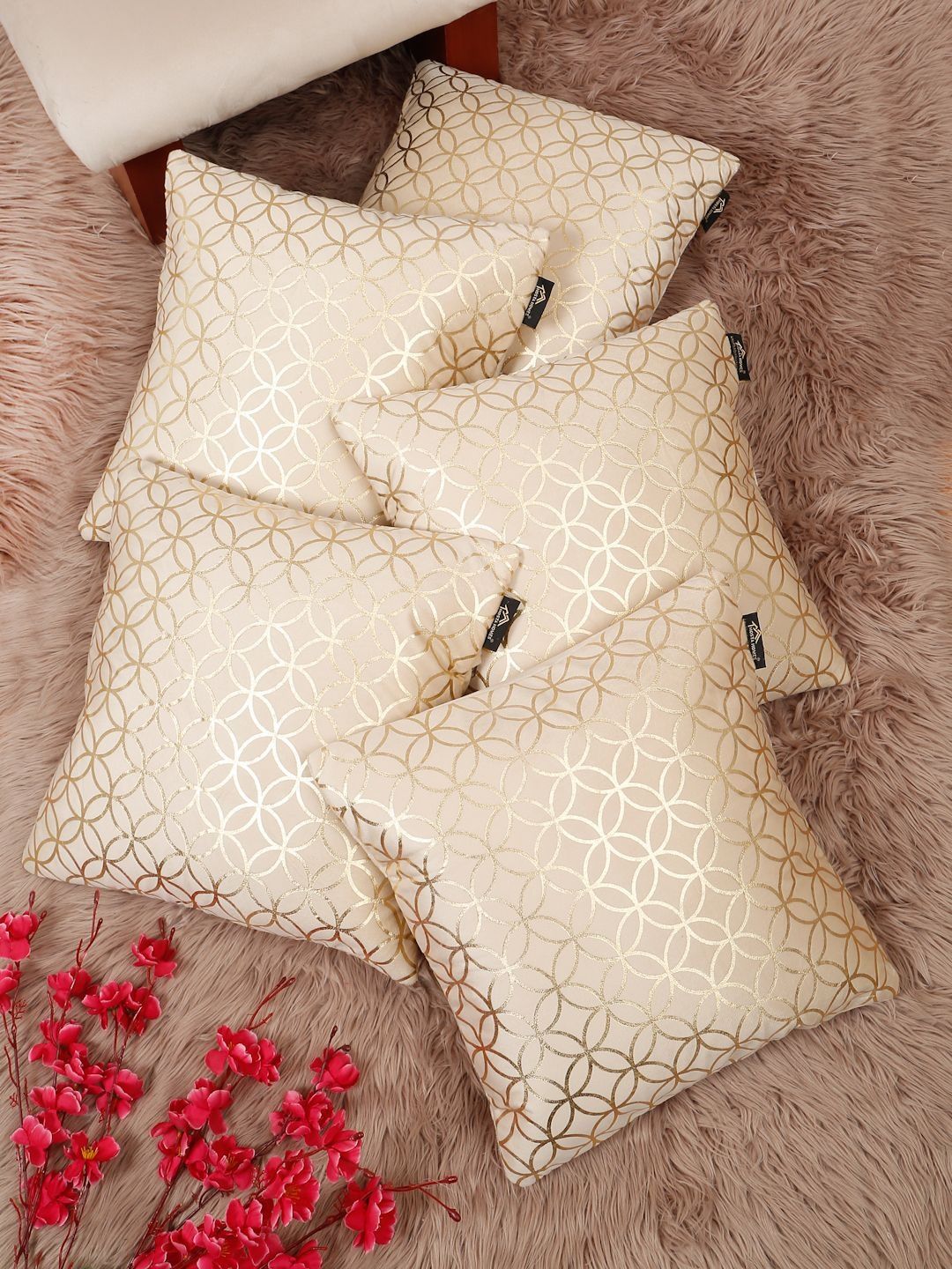 HOSTA HOMES Cream-Coloured & Gold-Toned Set of 5 Ethnic Motifs Velvet Square Cushion Covers-picture-41