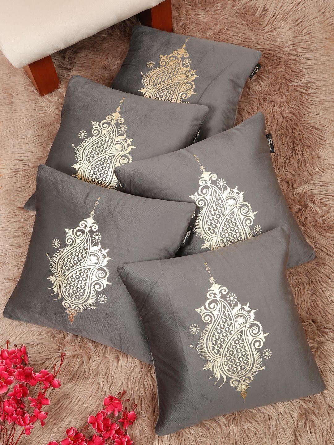 HOSTA HOMES Grey & Gold-Toned Set of 5 Ethnic Motifs Velvet Square Cushion Covers-picture-12