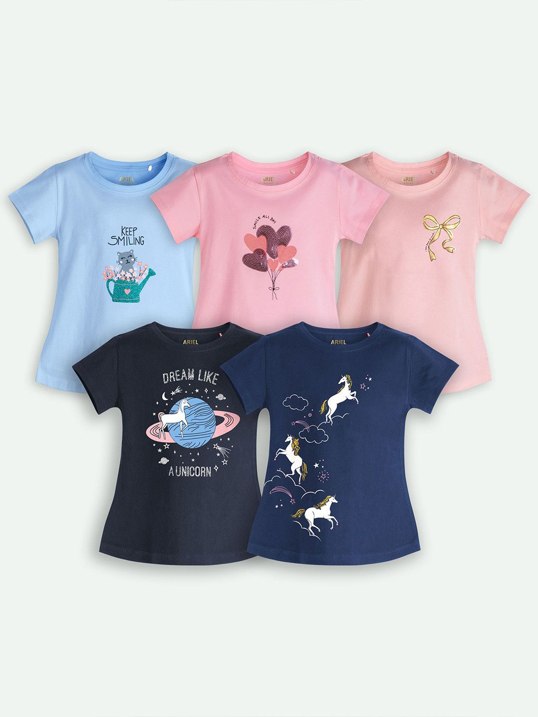 ariel Girls Pack Of 5 Graphic Printed Short Sleeves Cotton T-shirts