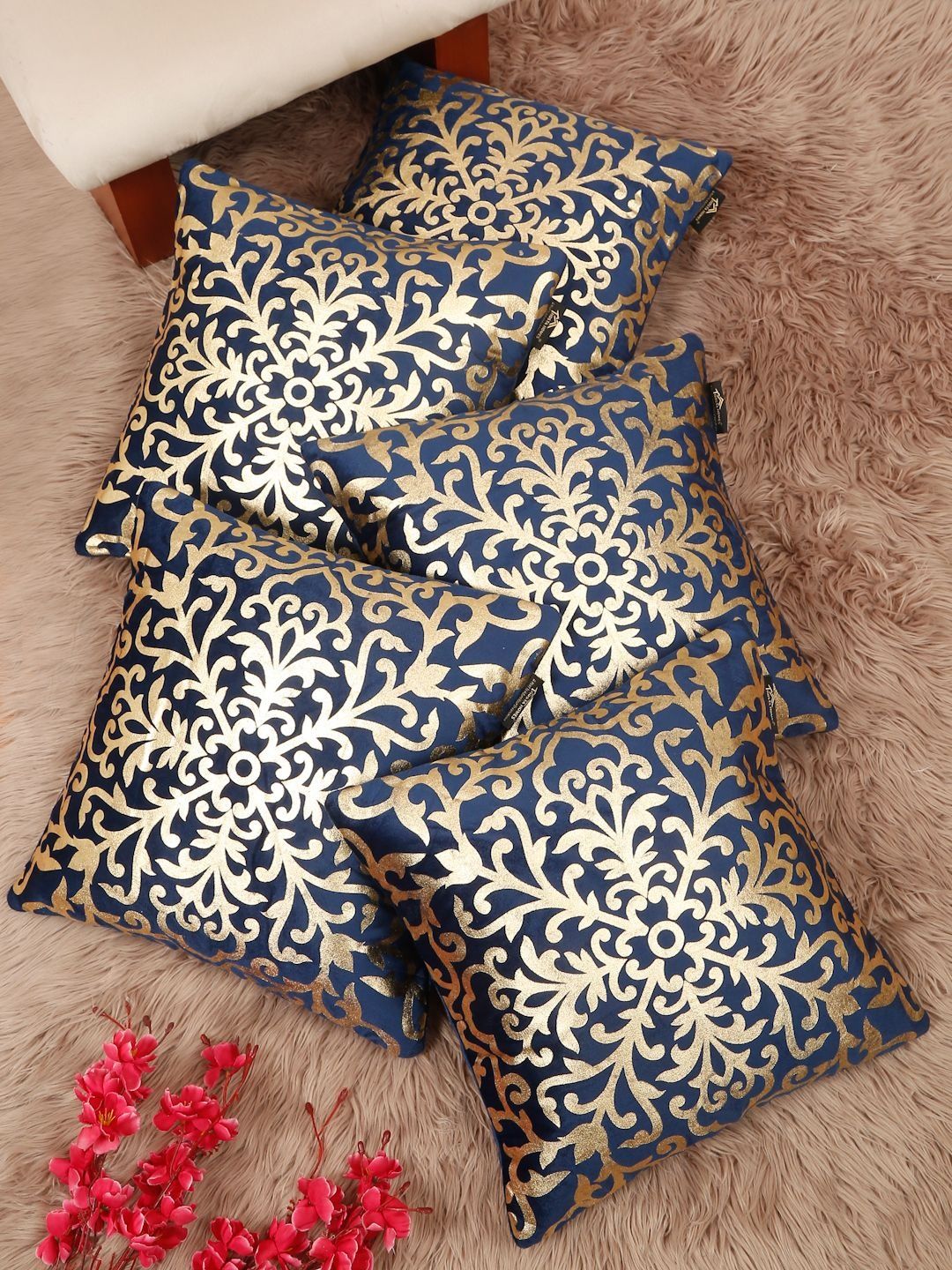 HOSTA HOMES Blue & Gold-Toned Set of 5 Ethnic Motifs Velvet Square Cushion Covers-picture-33