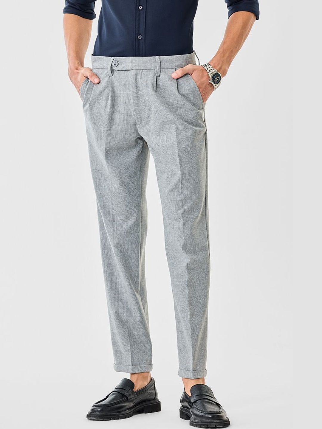 Snitch Men Checked Slim Fit Pleated Formal Trousers-picture-28