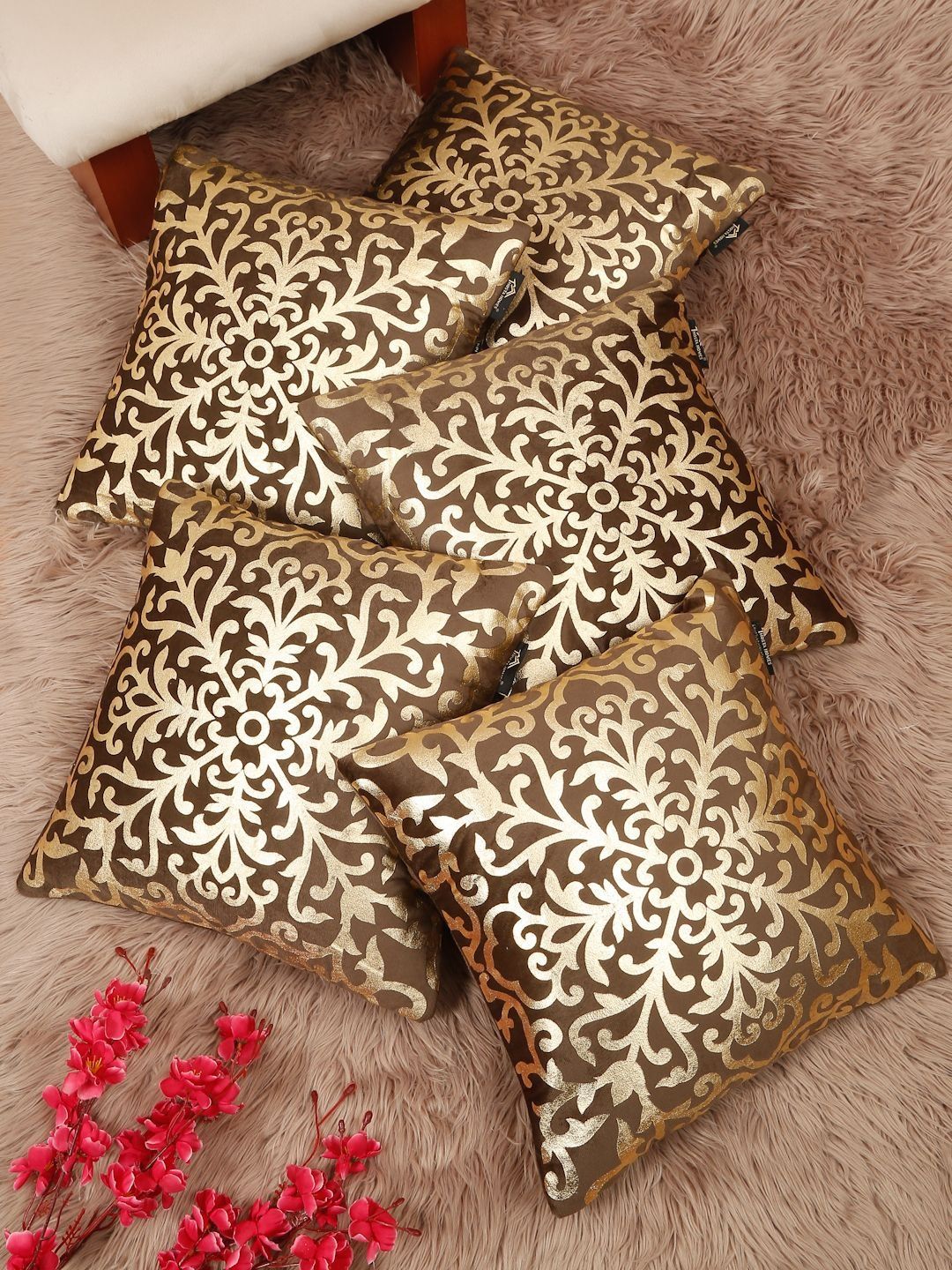 HOSTA HOMES Brown & Gold-Toned Set of 5 Ethnic Motifs Velvet Square Cushion Covers-picture-37